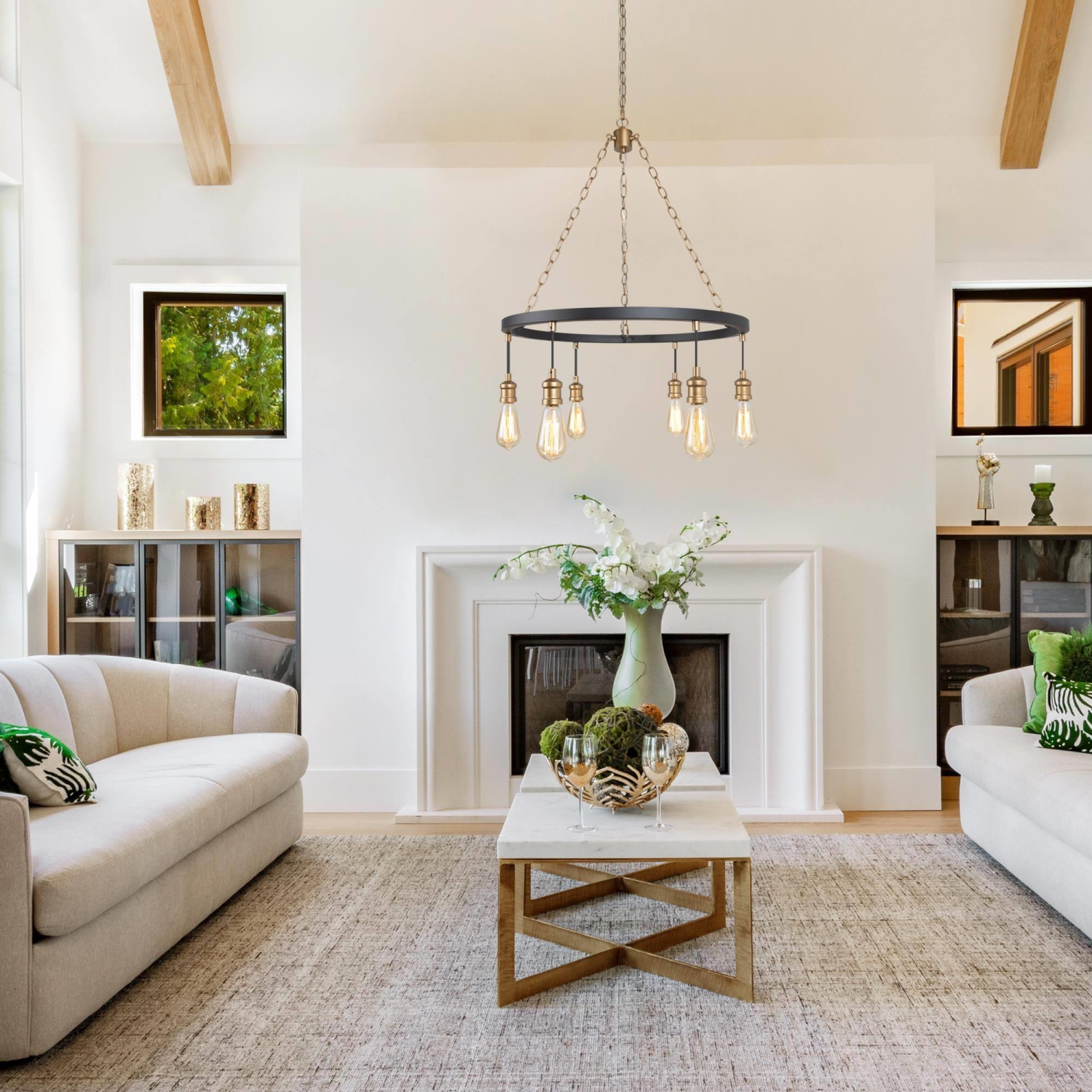 Modern 6-Light Black Gold Farmhouse Wagon Wheel Chandelier Kitchen Lighting