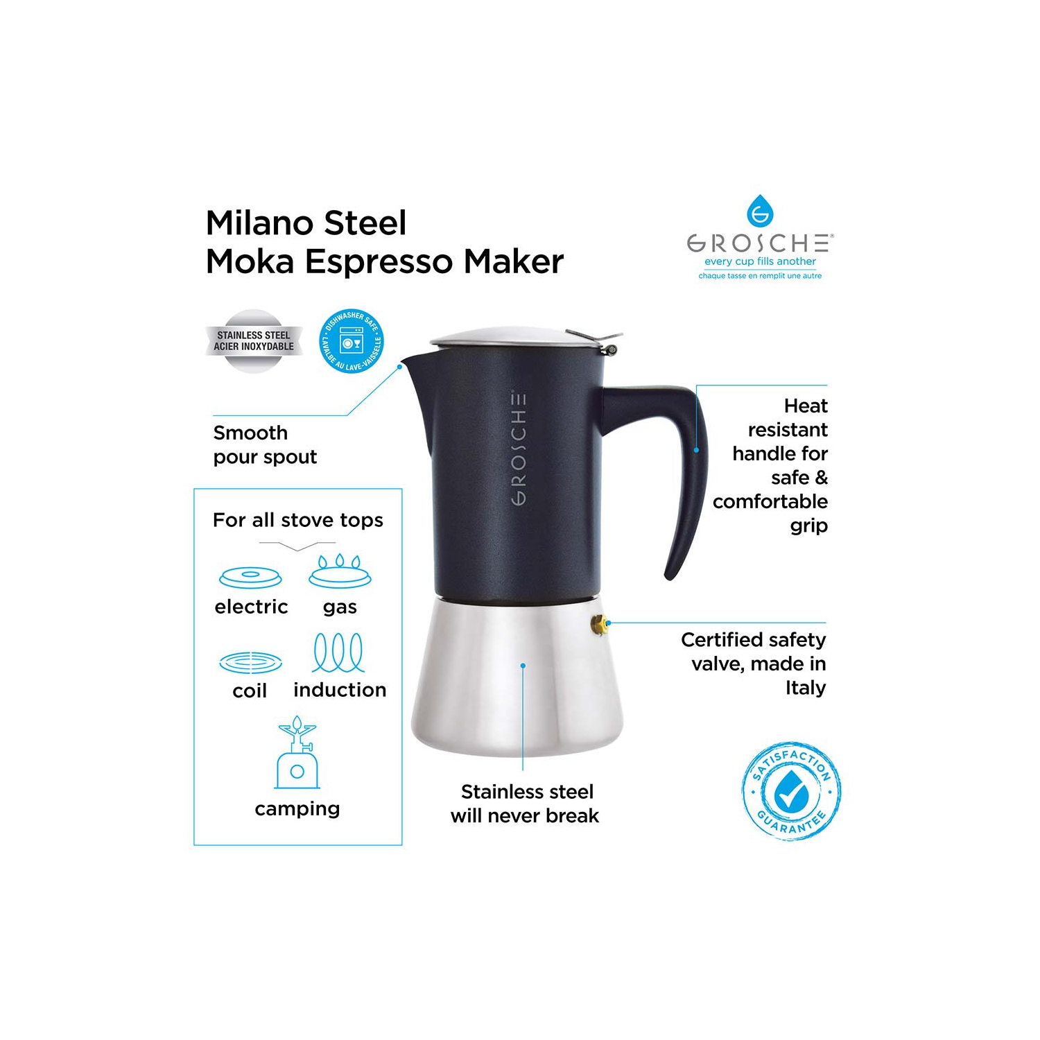 GROSCHE MILANO STEEL 10 Espresso Cups Stainless Steel Stovetop Espresso Maker | Moka Pot - Coffee Maker for Induction Gas or Electric Stoves -