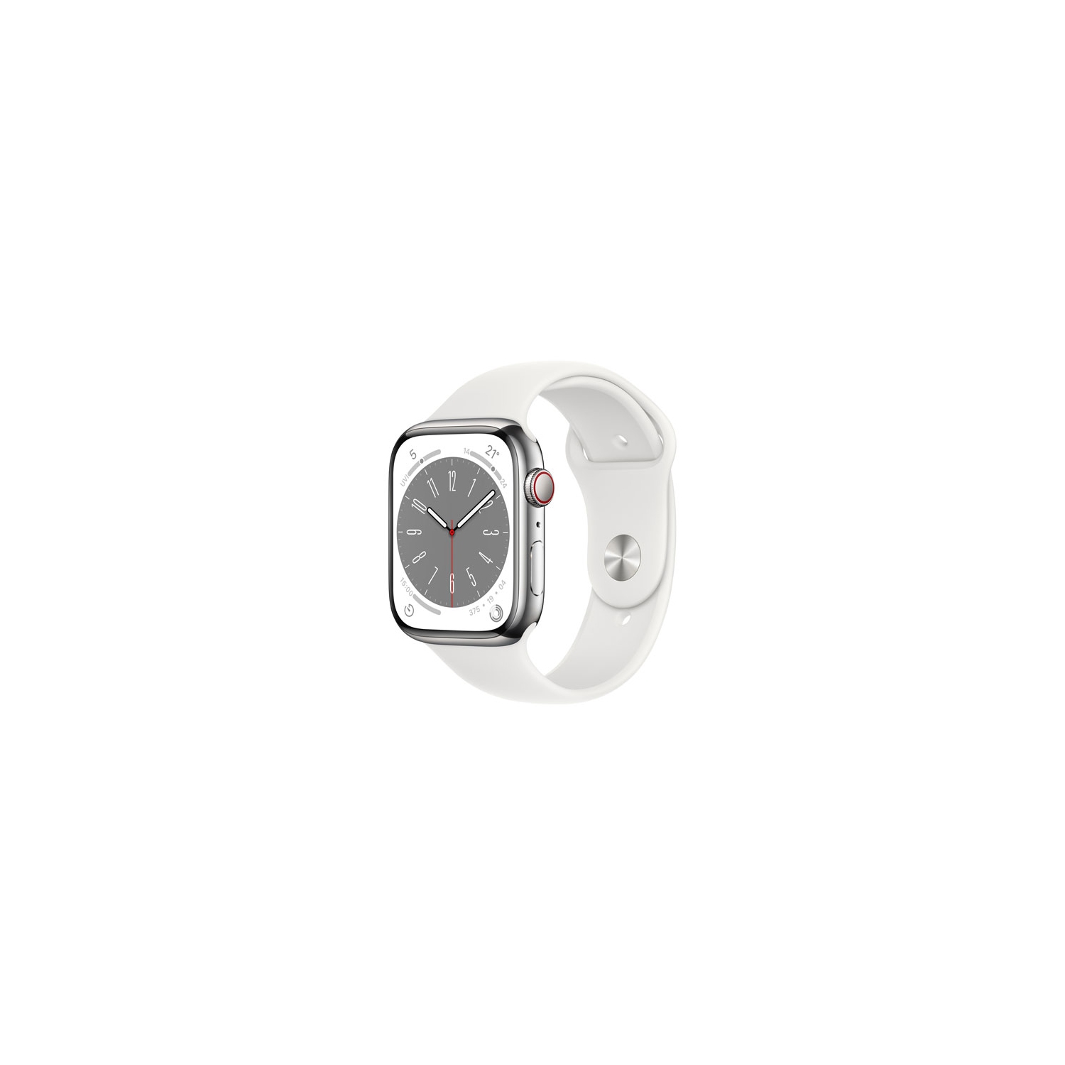 Open Box - Apple Watch Series 8 (GPS + Cellular) 45mm Silver Stainless Steel Case with White Sport Band - Medium / Large