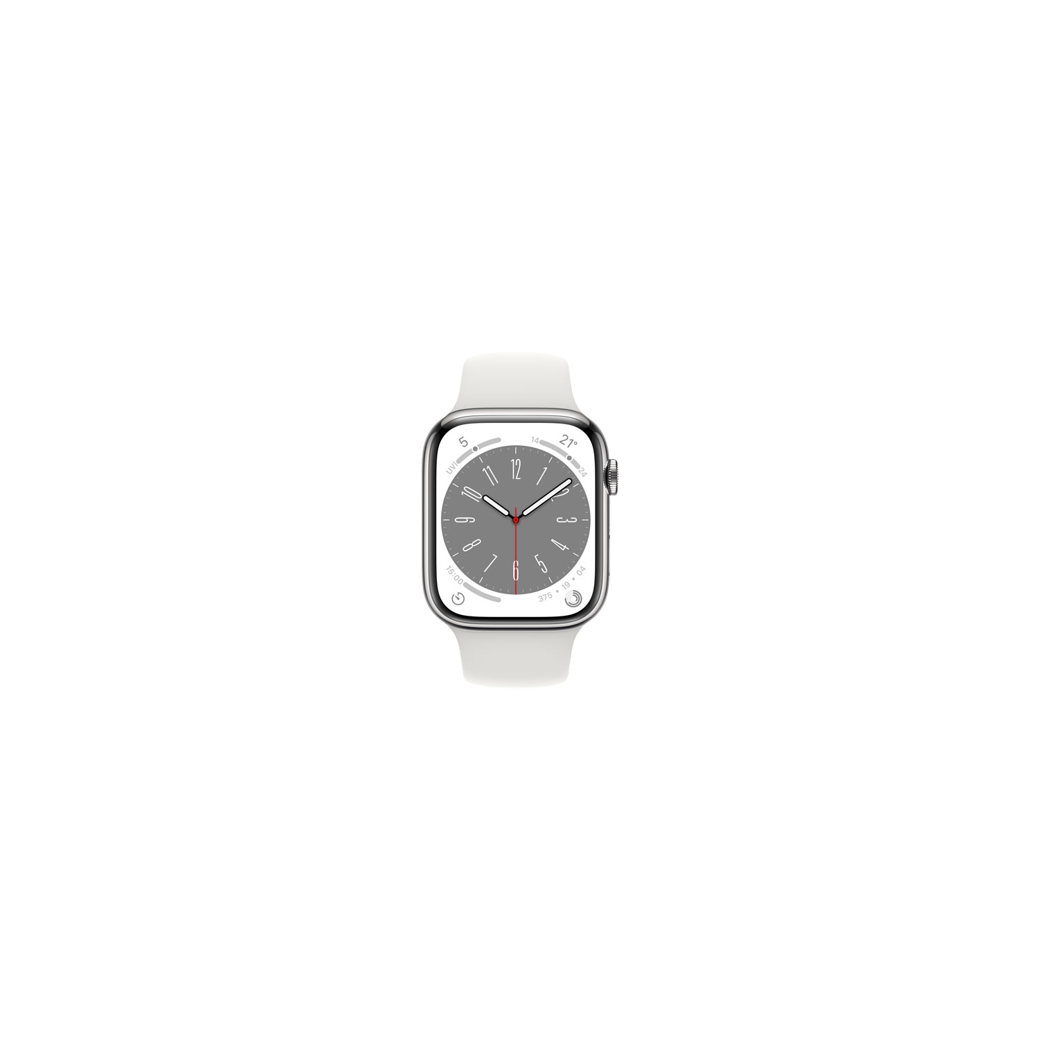 Boîte ouverte - Apple Watch Series 8 avec boîtier 45&nbsp;mm en acier inoxydable argenté et bracelet sport blanc - moyen/Grand