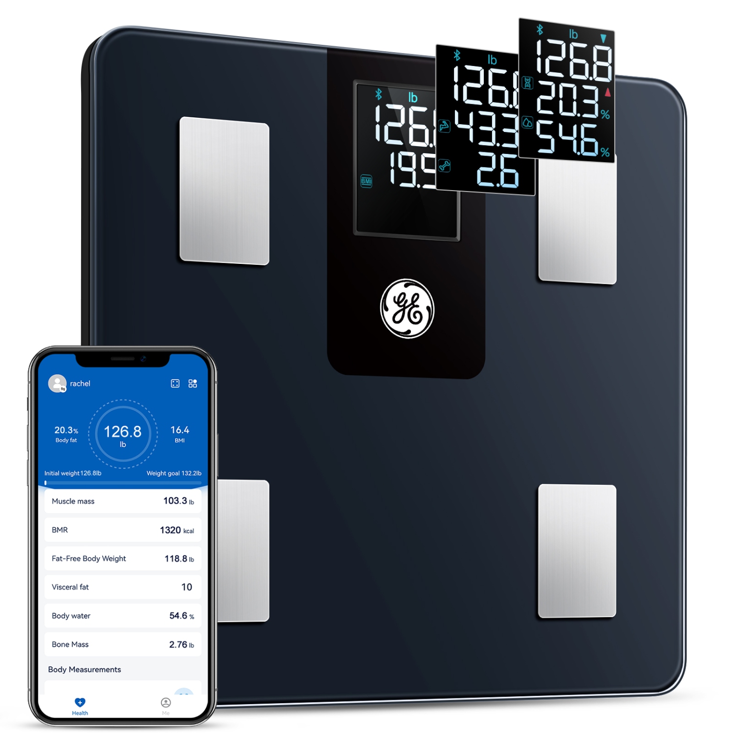 GE Smart Body Composition Scale with All-in-one LCD Display, Rechargeable, Bluetooth Body Fat Scale, Body Weight, BMI, BMI, Body Fat, Muscle Mass, etc., 396lbs