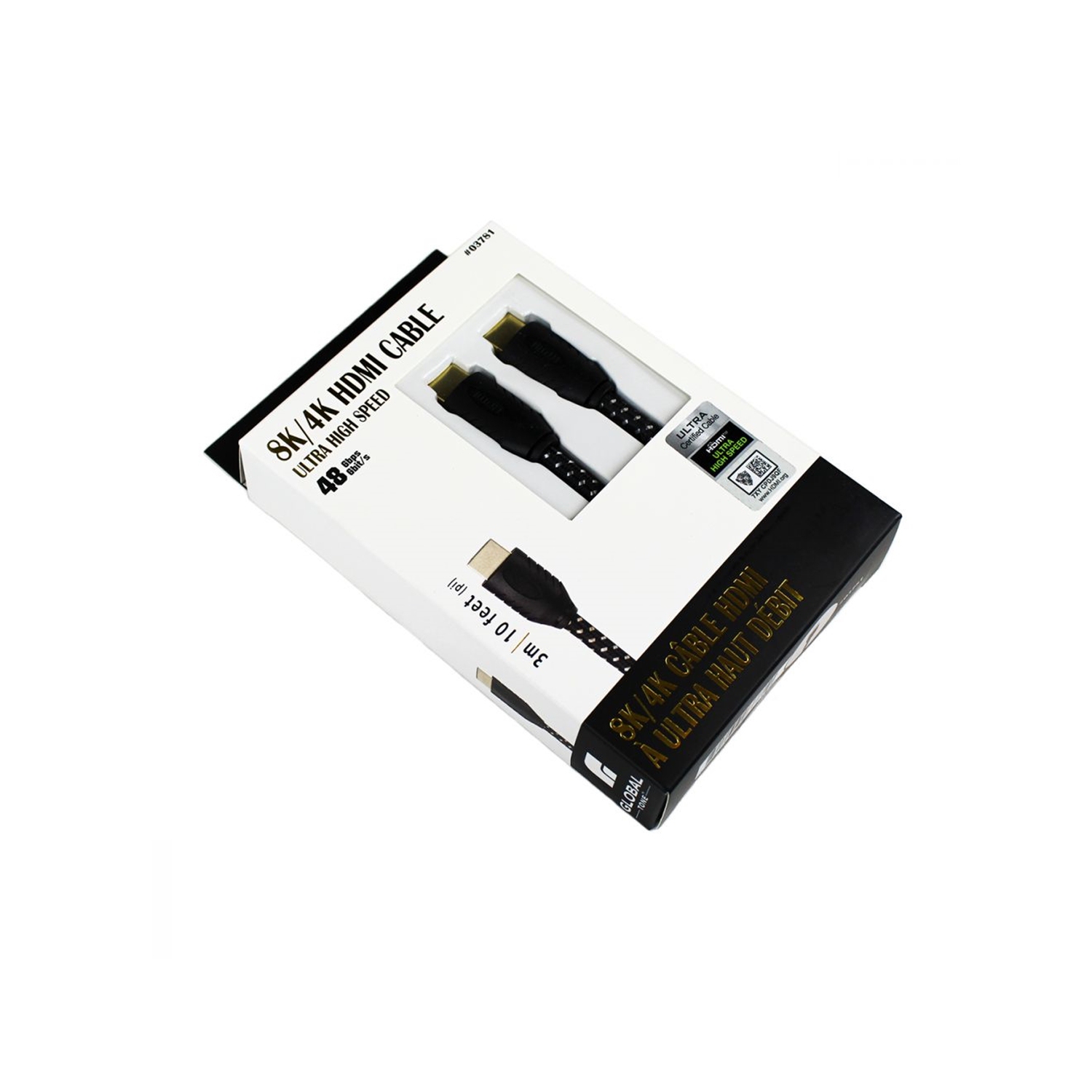 GlobalTone - Cable HDMI 2.1, Certifié 8K , Ultra Haut Débit, 48 Gbps, UHD, HDR, 30 AWG, Longeur de 10 Pieds, Noir