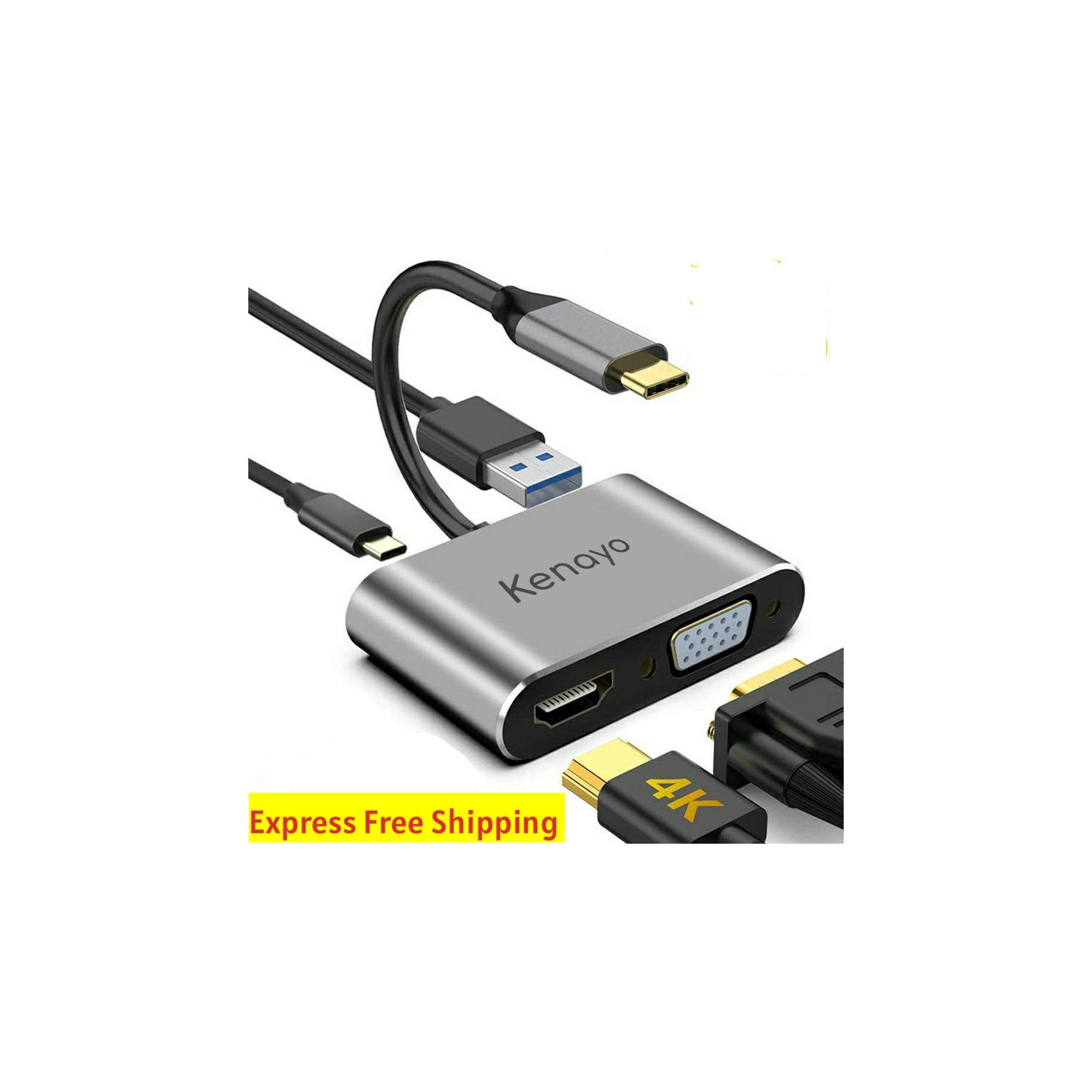 USB C to VGA HDMI 4 in 1 Hub PD, 4K HDMI, VGA, and USB 3.0 Thunderbolt 3 Compatible with MacBook Pro/iPad Pro18/ Samsung Galaxy S8 to S22, Surface Pro 7,Dell XPS 13/15