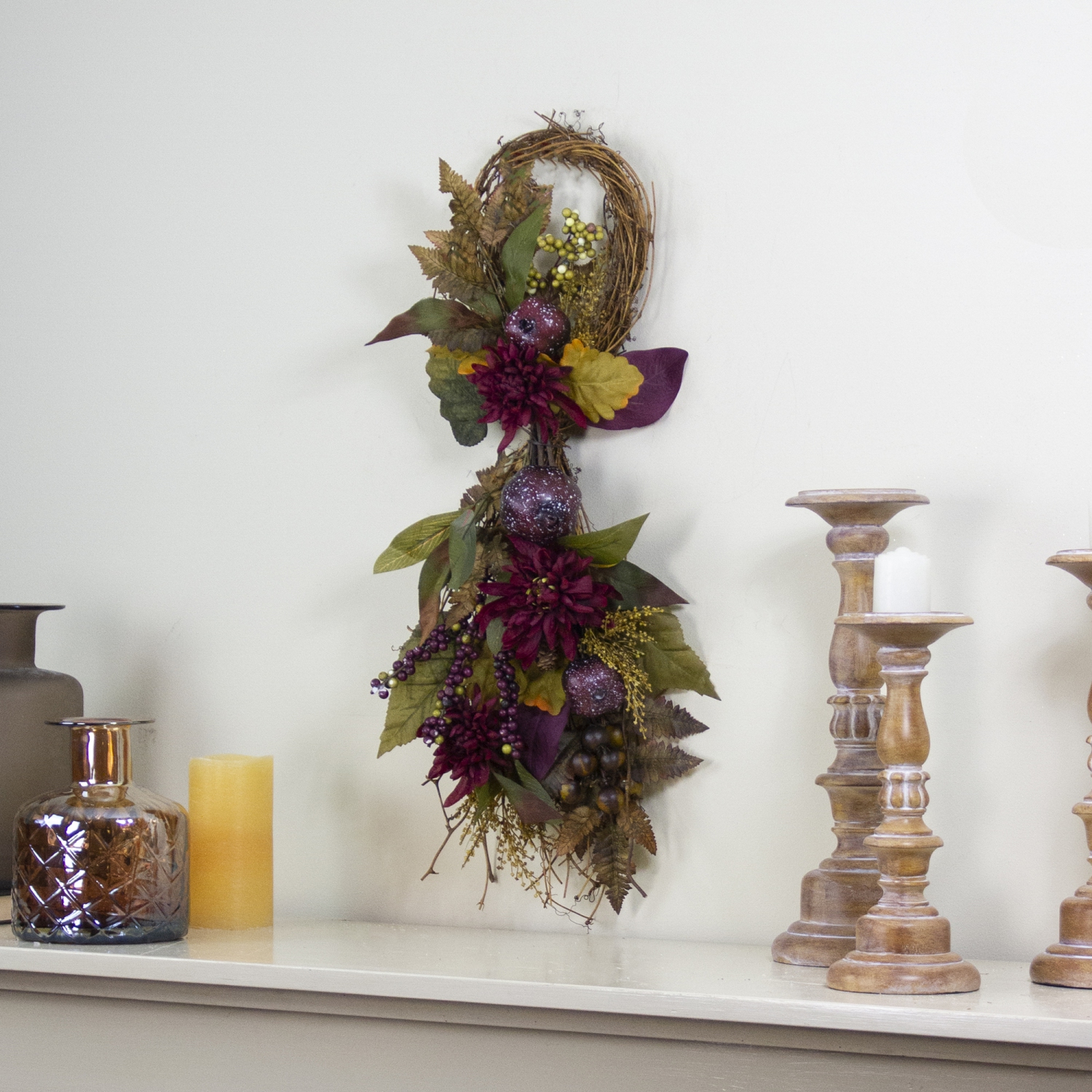 Mums and Pomegranate Fall Harvest Grapevine Twig Teardrop Swag - 28"