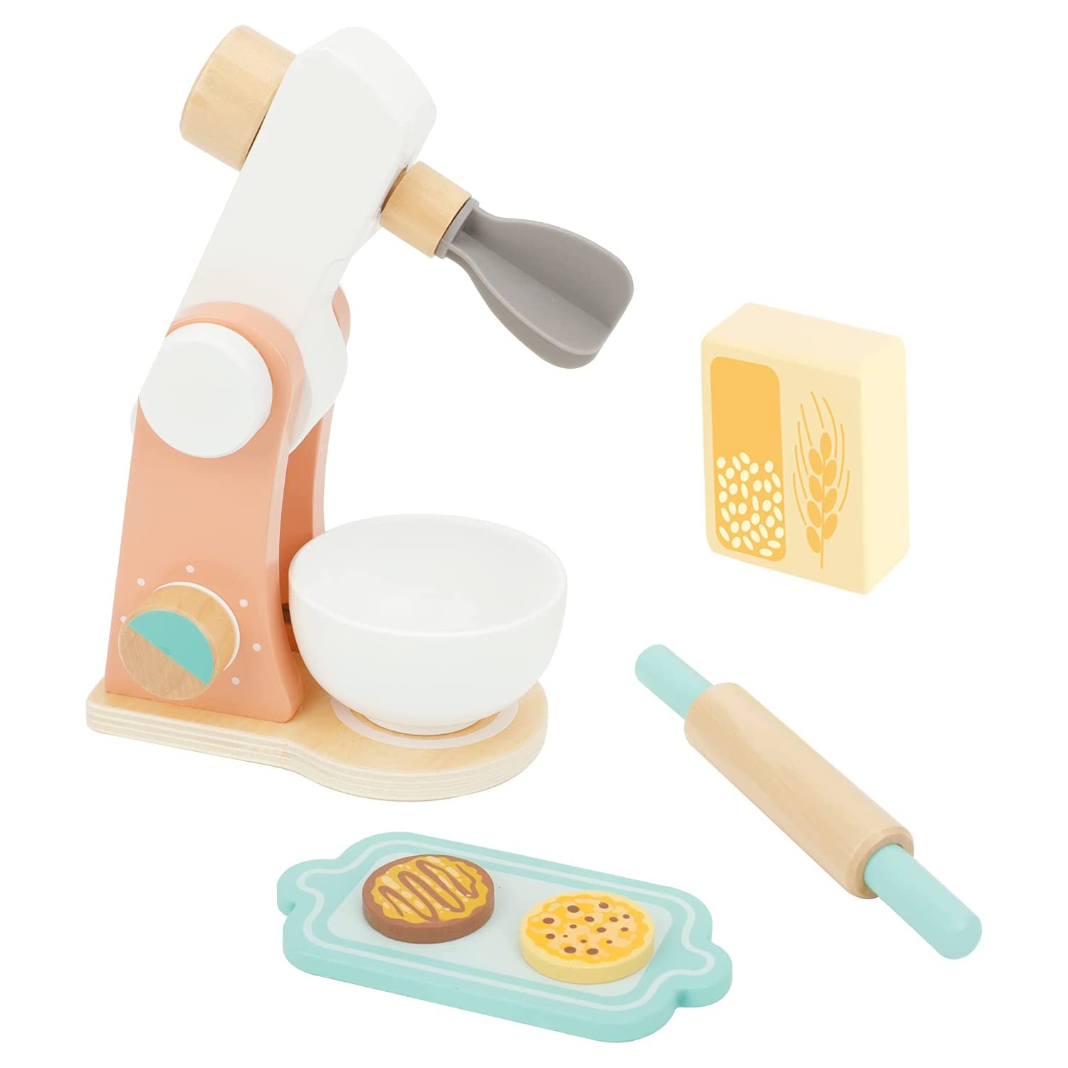 TOOKYLAND Wooden Stand Mixer Playset - 7pcs - Play Kitchen Toy for Pretend Baking with Accessories, Ages 3+