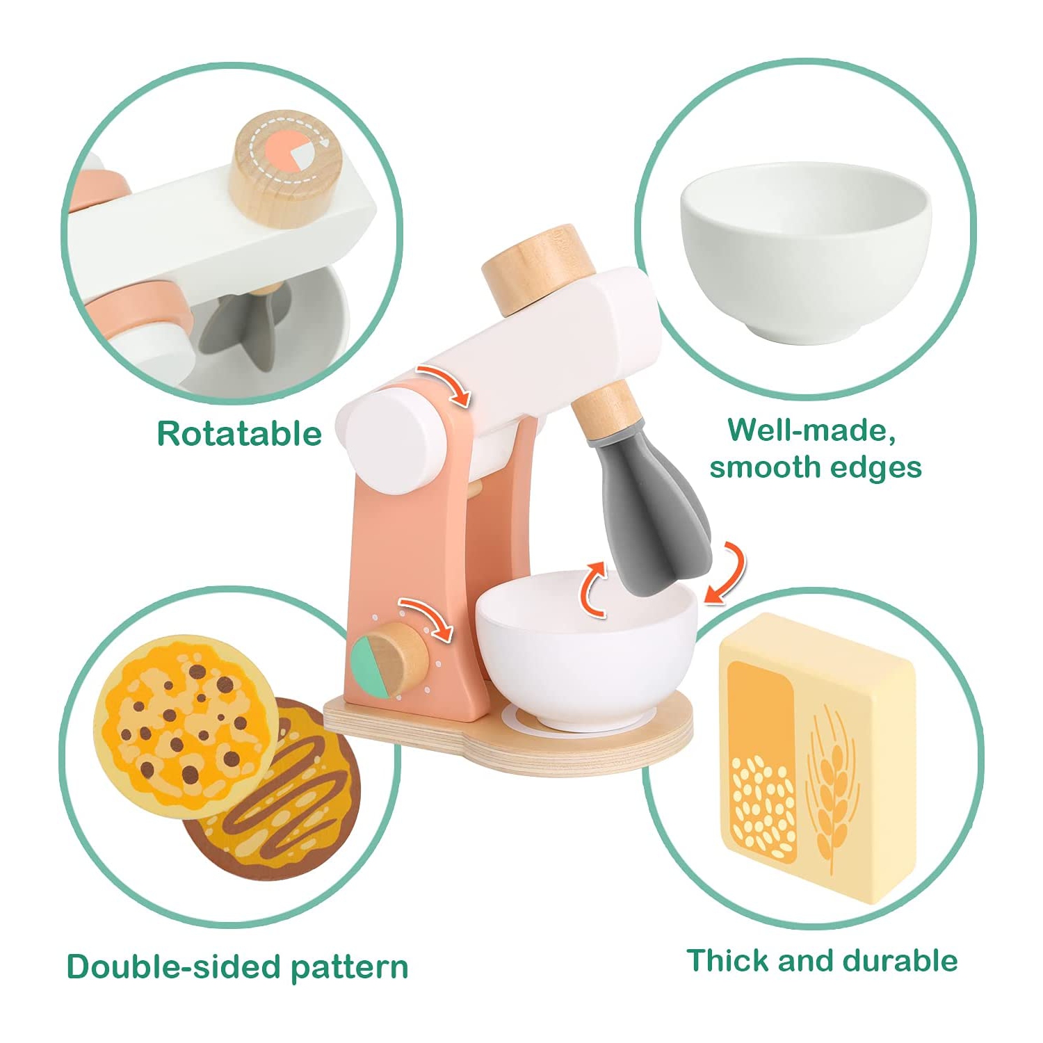 TOOKYLAND Wooden Stand Mixer Playset - 7pcs - Play Kitchen Toy for Pretend Baking with Accessories, Ages 3+