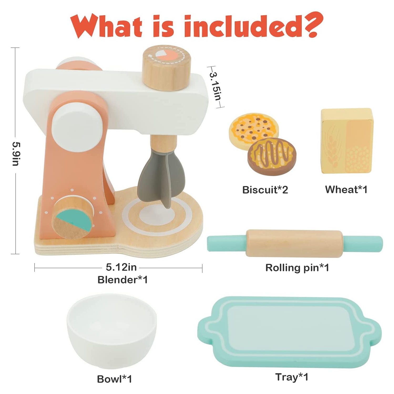 TOOKYLAND Wooden Stand Mixer Playset - 7pcs - Play Kitchen Toy for Pretend Baking with Accessories, Ages 3+