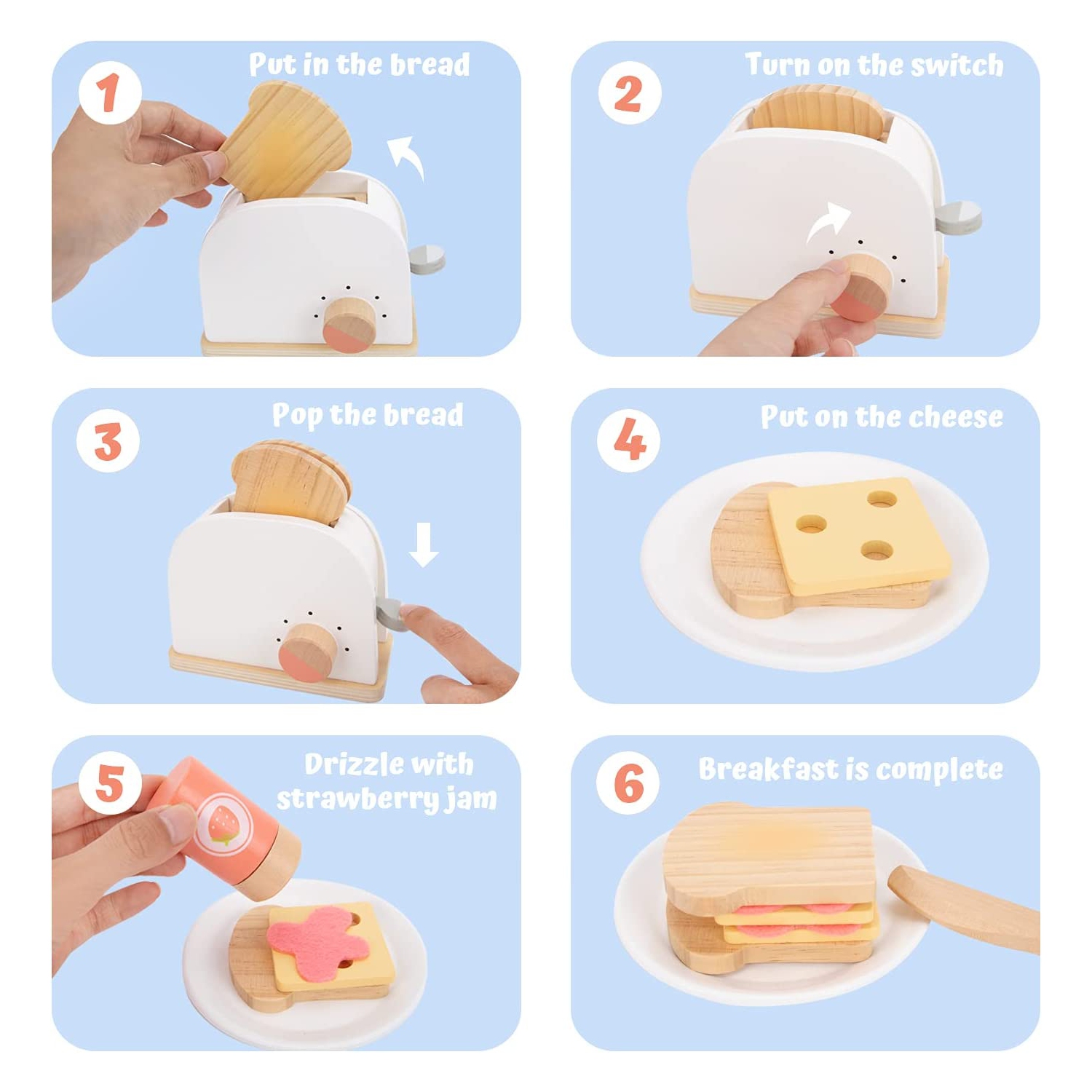 TOOKYLAND Grille-Pain Jouet en Bois - 10pcs - Ensemble de Jeu de Cuisine avec Aliments Factices et Accessoires, 3 Ans +