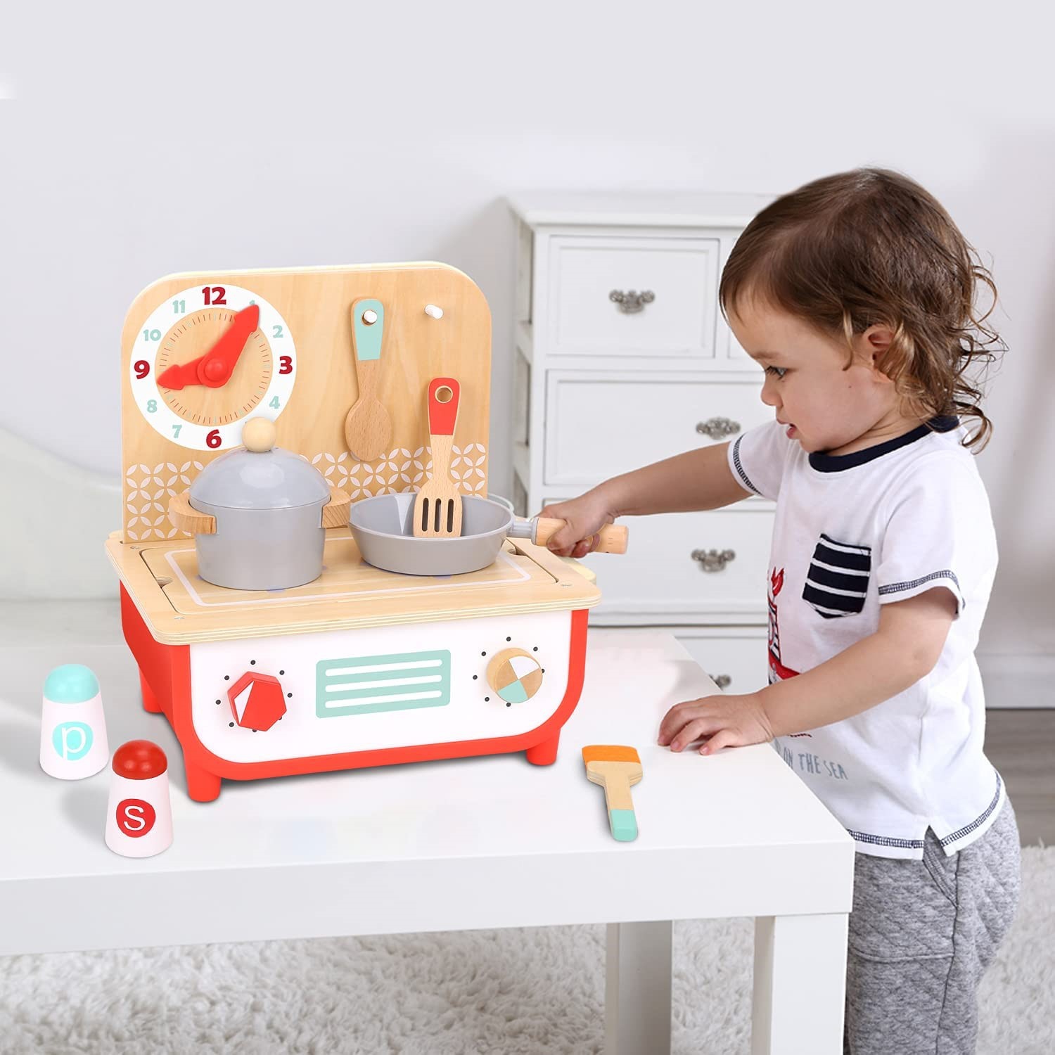 TOOKYLAND Wooden Pretend Cooking Playset - 23pcs - Play Kitchen Toy with Cooktop, Barbecue, Food Items and Accessories, Ages 3+