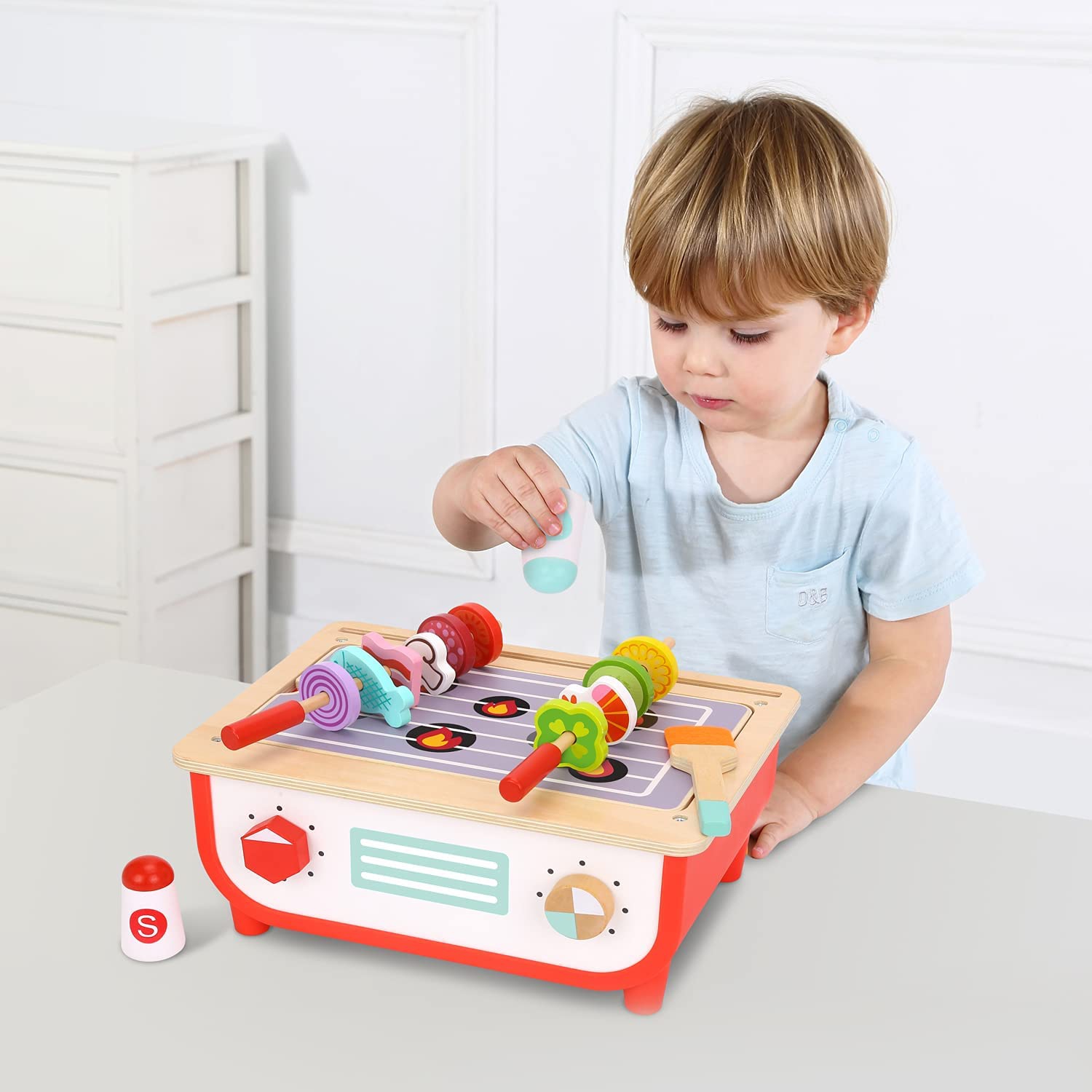 TOOKYLAND Wooden Pretend Cooking Playset - 23pcs - Play Kitchen Toy with Cooktop, Barbecue, Food Items and Accessories, Ages 3+