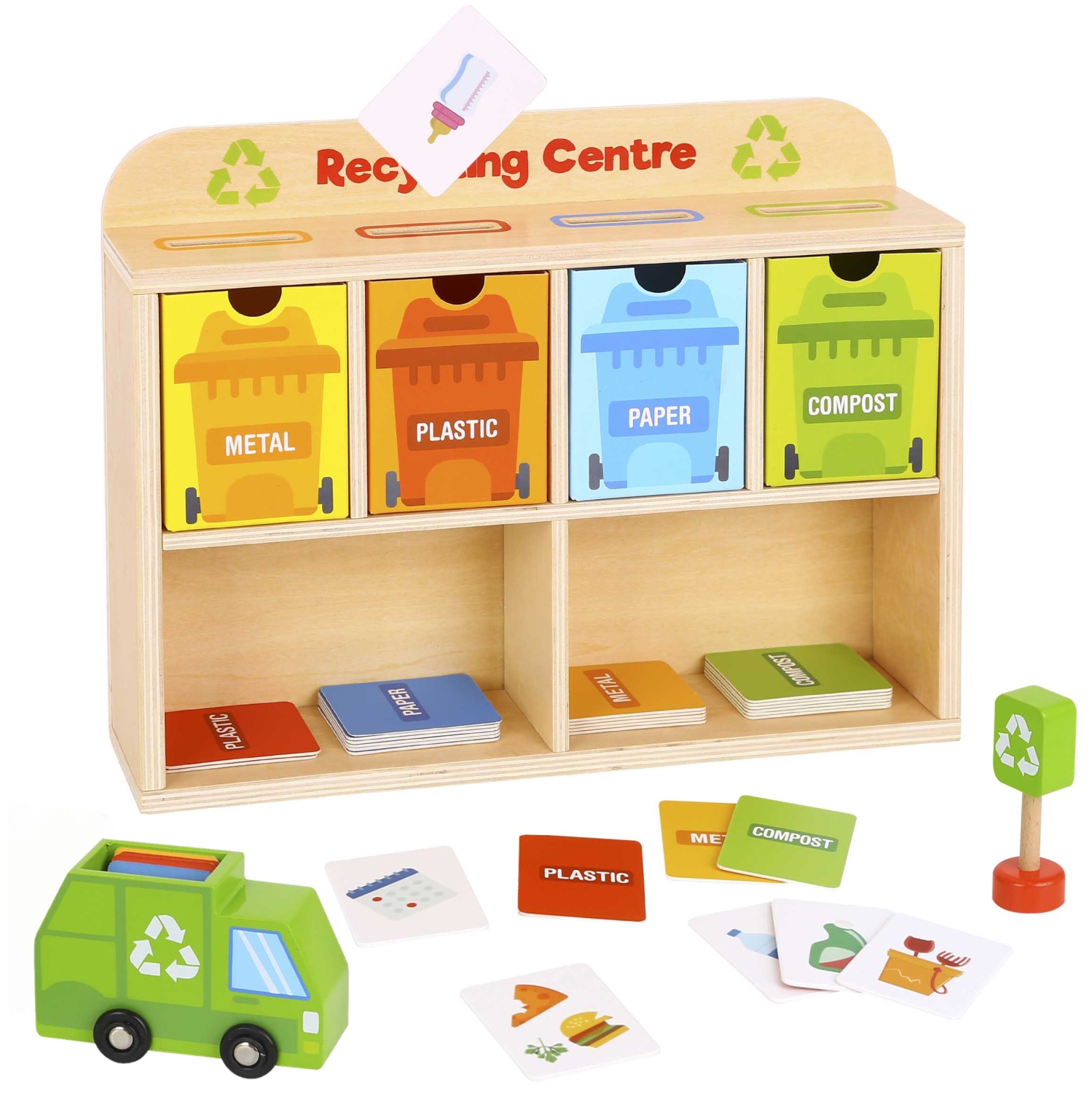 TOOKYLAND Wooden Recycling Center Playset - 39pcs - Truck, Sorting Bins and Accessories, Ages 3+