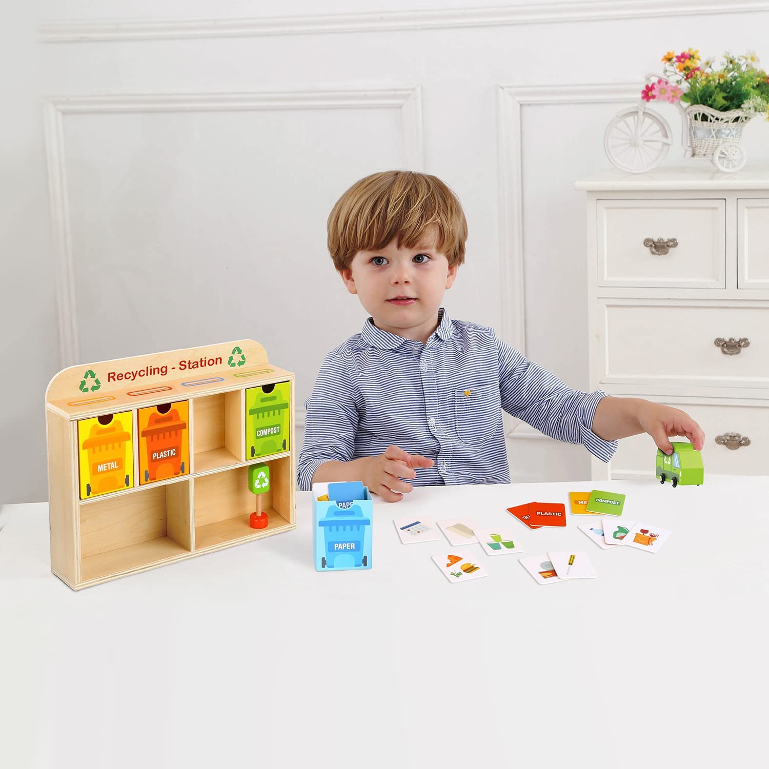 TOOKYLAND Wooden Recycling Center Playset - 39pcs - Truck, Sorting Bins and Accessories, Ages 3+