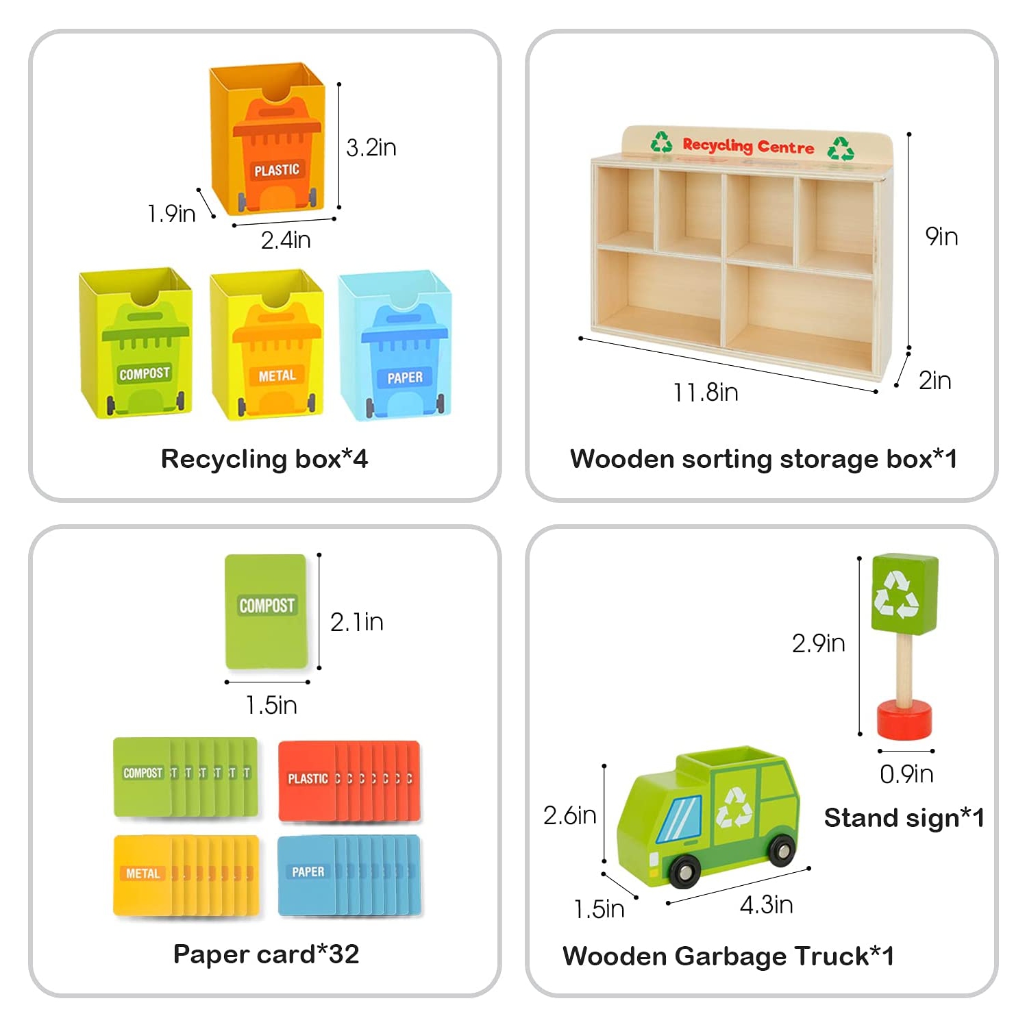 TOOKYLAND Wooden Recycling Center Playset - 39pcs - Truck, Sorting Bins and Accessories, Ages 3+