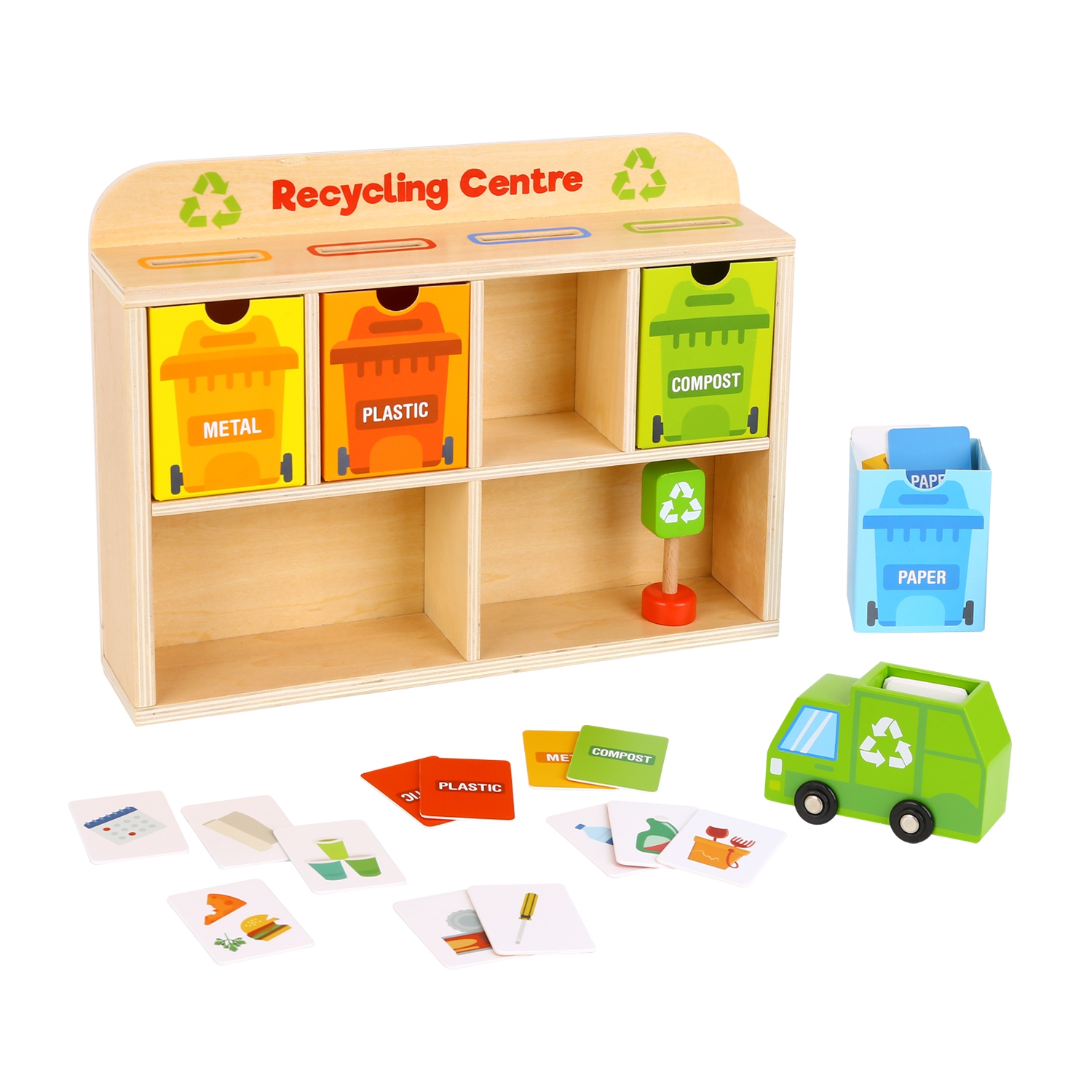 TOOKYLAND Wooden Recycling Center Playset - 39pcs - Truck, Sorting Bins and Accessories, Ages 3+