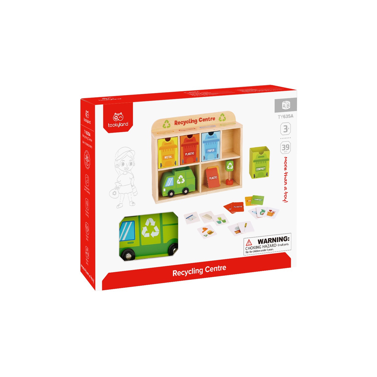 TOOKYLAND Wooden Recycling Center Playset - 39pcs - Truck, Sorting Bins and Accessories, Ages 3+