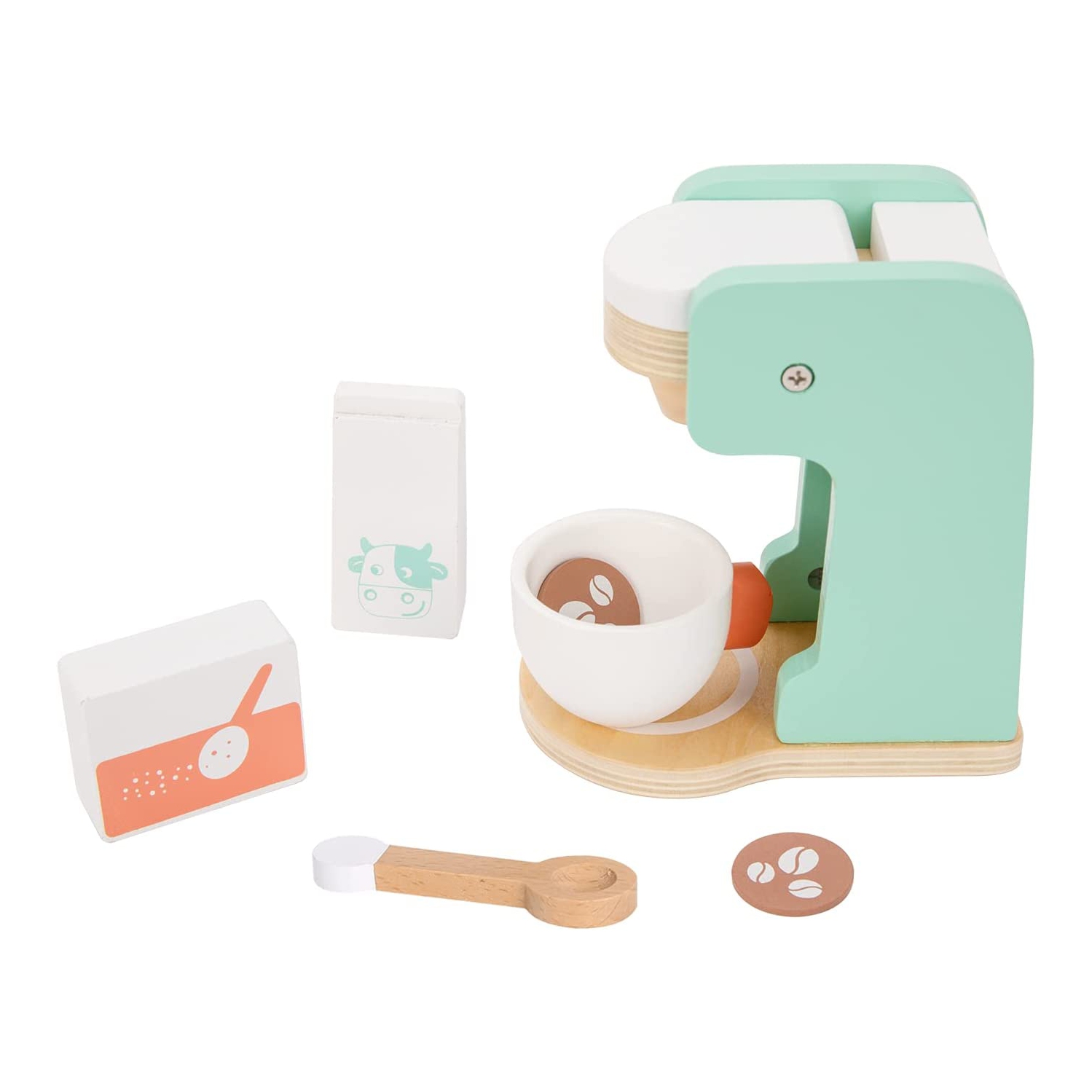 TOOKYLAND Wooden Coffee Maker Playset - 7pcs - Coffee Making Play Kitchen Toy with Accessories, Ages 3+