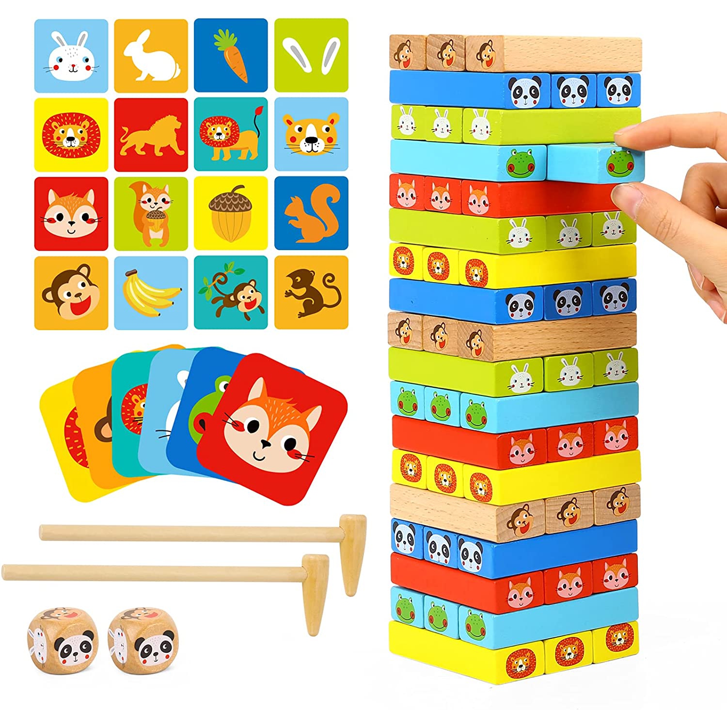 TOOKYLAND Wooden Tumble Tower Game - 82pcs - Stacking Blocks Play Set with Dice, Hammers and Cards, 3 Years +