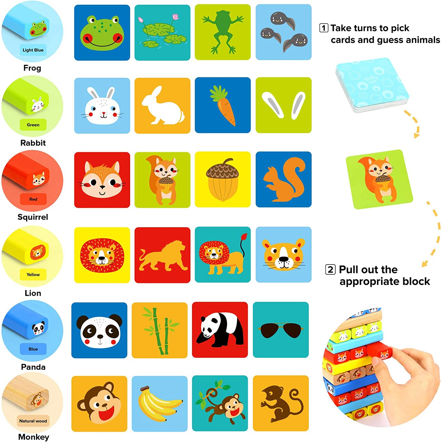 TOOKYLAND Wooden Tumble Tower Game - 82pcs - Stacking Blocks Play Set with Dice, Hammers and Cards, 3 Years +