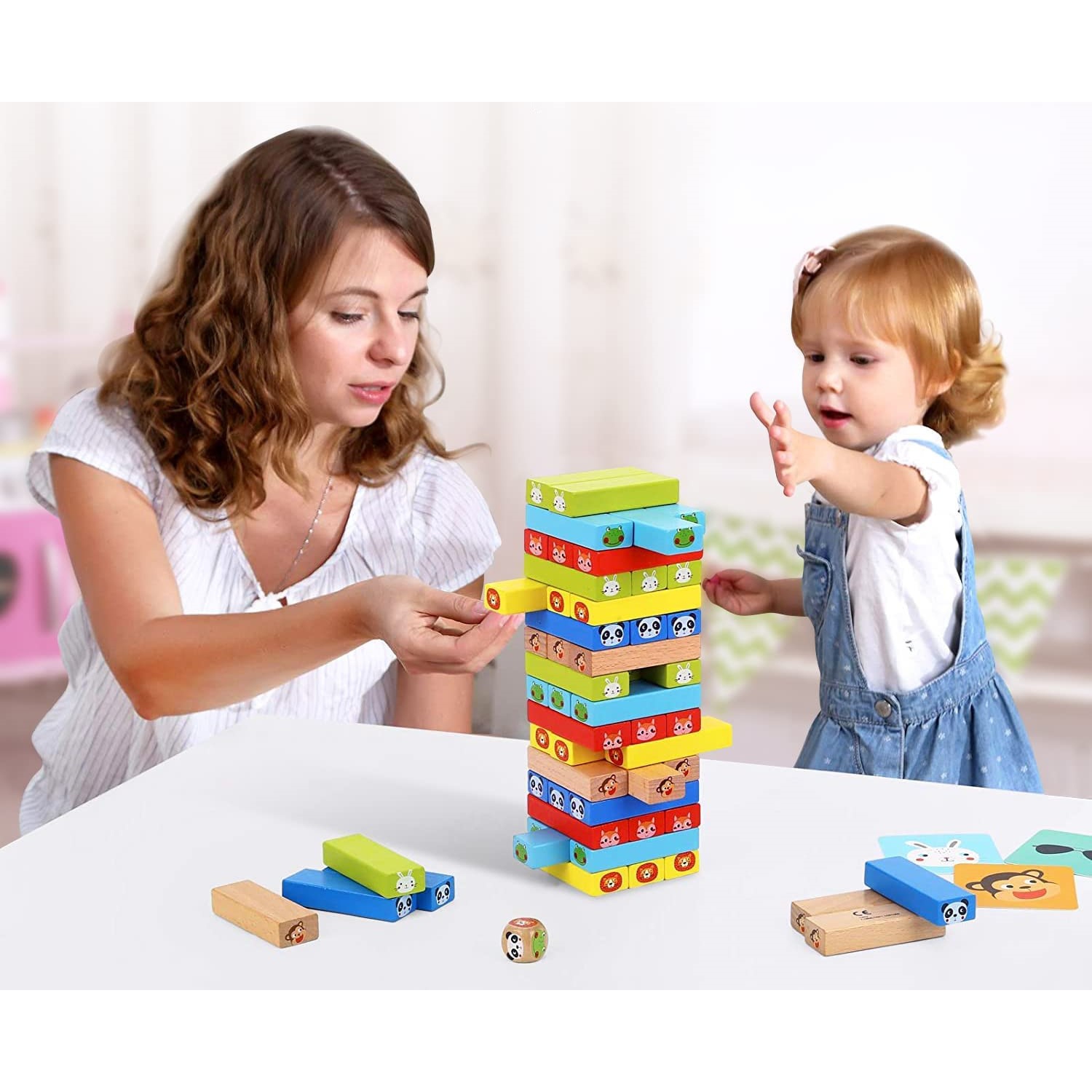 TOOKYLAND Wooden Tumble Tower Game - 82pcs - Stacking Blocks Play Set with Dice, Hammers and Cards, 3 Years +