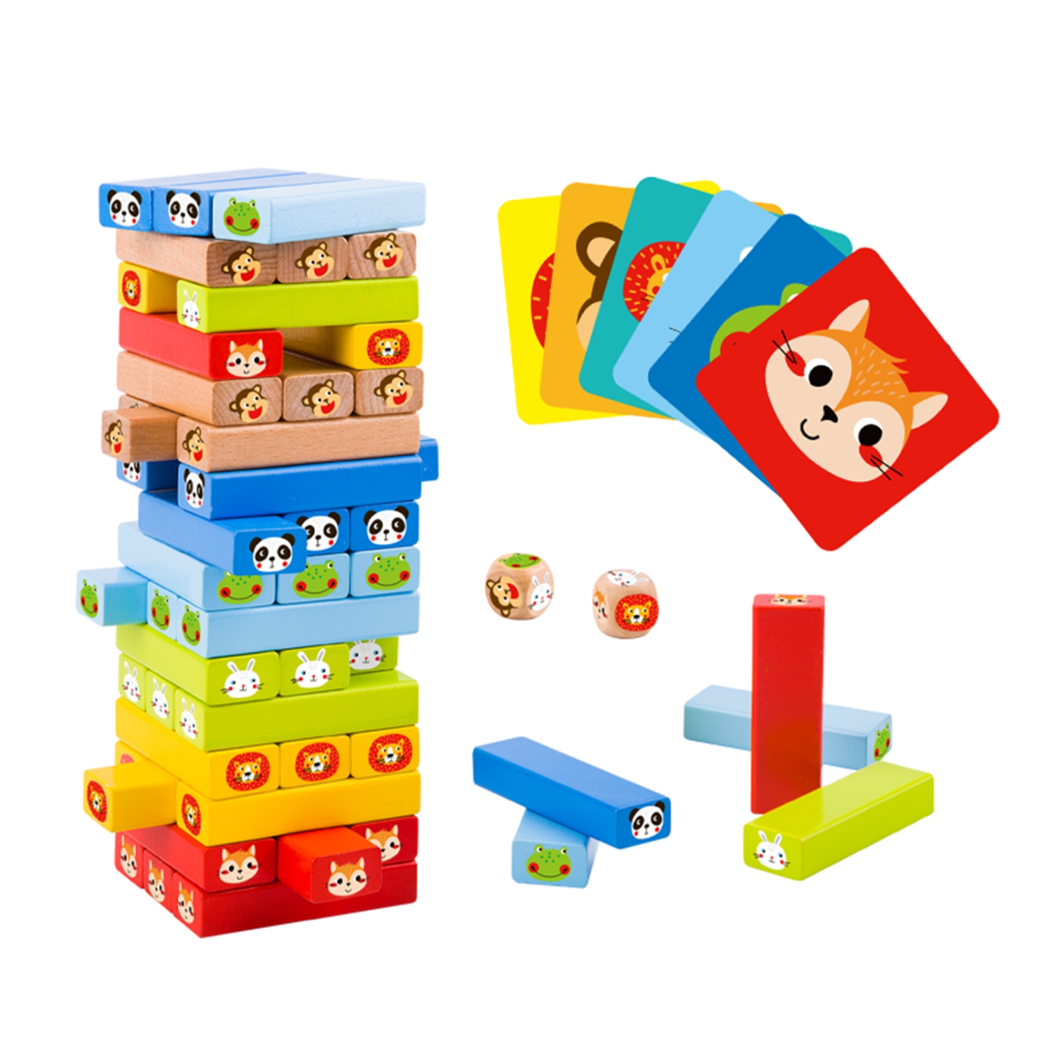 TOOKYLAND Wooden Tumble Tower Game - 82pcs - Stacking Blocks Play Set with Dice, Hammers and Cards, 3 Years +