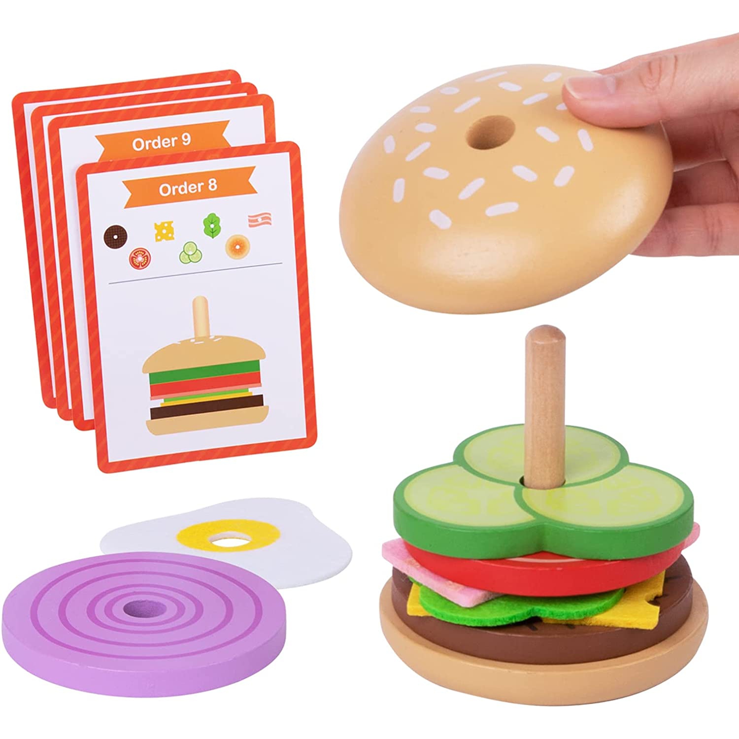 TOOKYLAND Wooden Hamburger Stacking Toy - 15pcs - Play Food Burger Stacker with Order Cards, 3+ Year Old