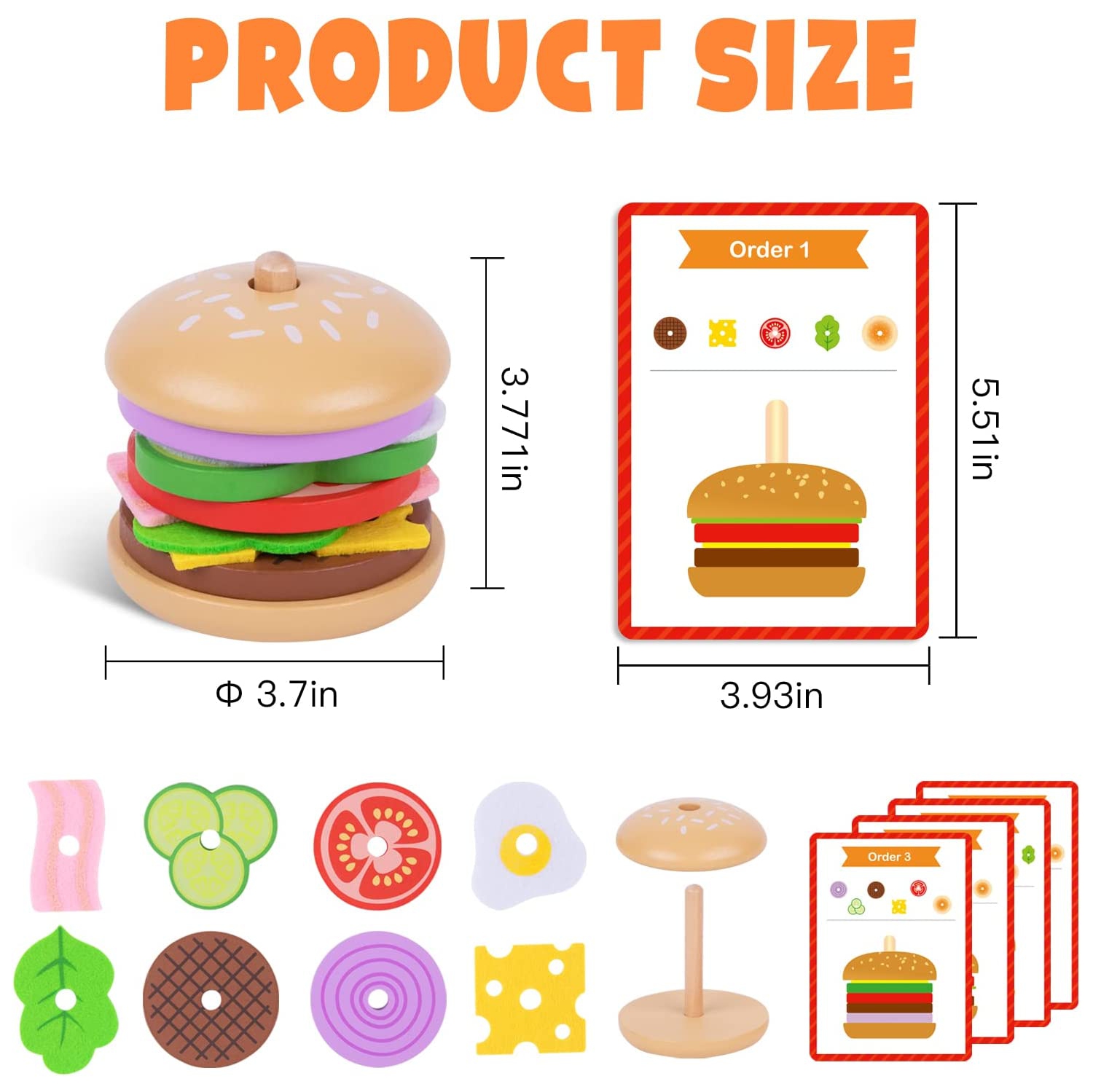 TOOKYLAND Wooden Hamburger Stacking Toy - 15pcs - Play Food Burger Stacker with Order Cards, 3+ Year Old