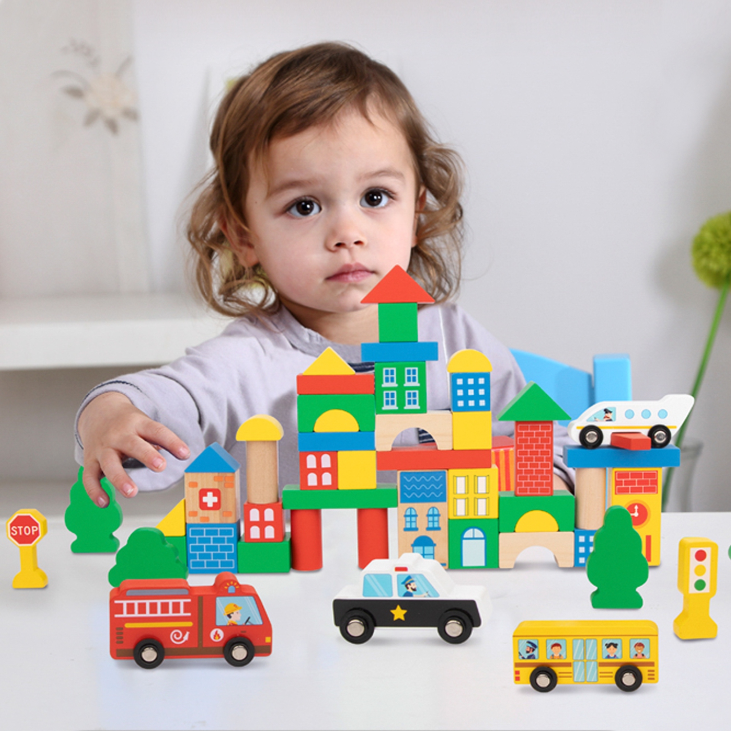 TOOKYLAND Blocs de Construction en Bois - 50pcs - Ensemble de Jeu de Ville à Empiler, Jouet pour Enfants 2 Ans +