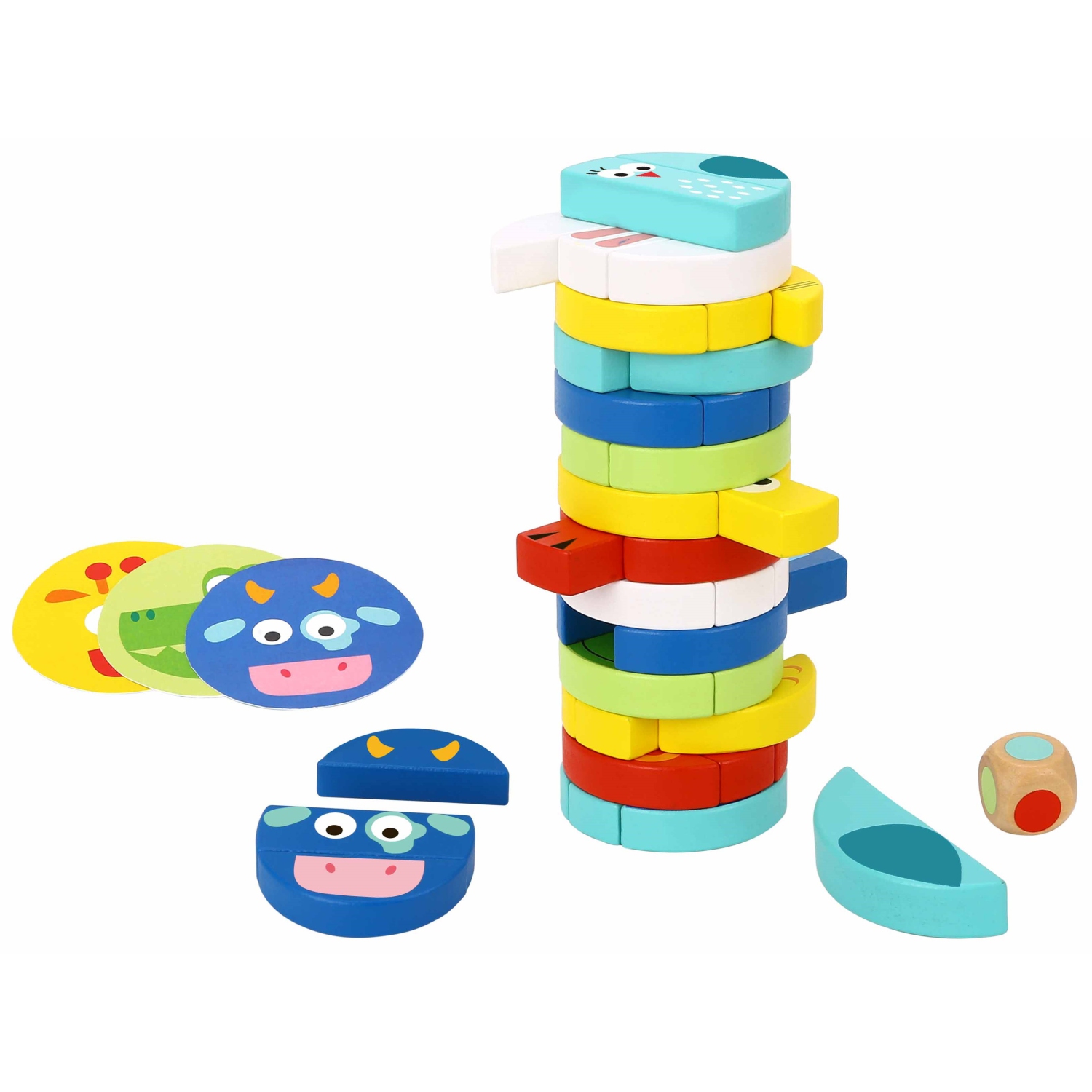 TOOKYLAND Tour à Empiler en Bois - 61pcs - Jeu de Blocs avec Cartes de Référence et Dé, 3 Ans +