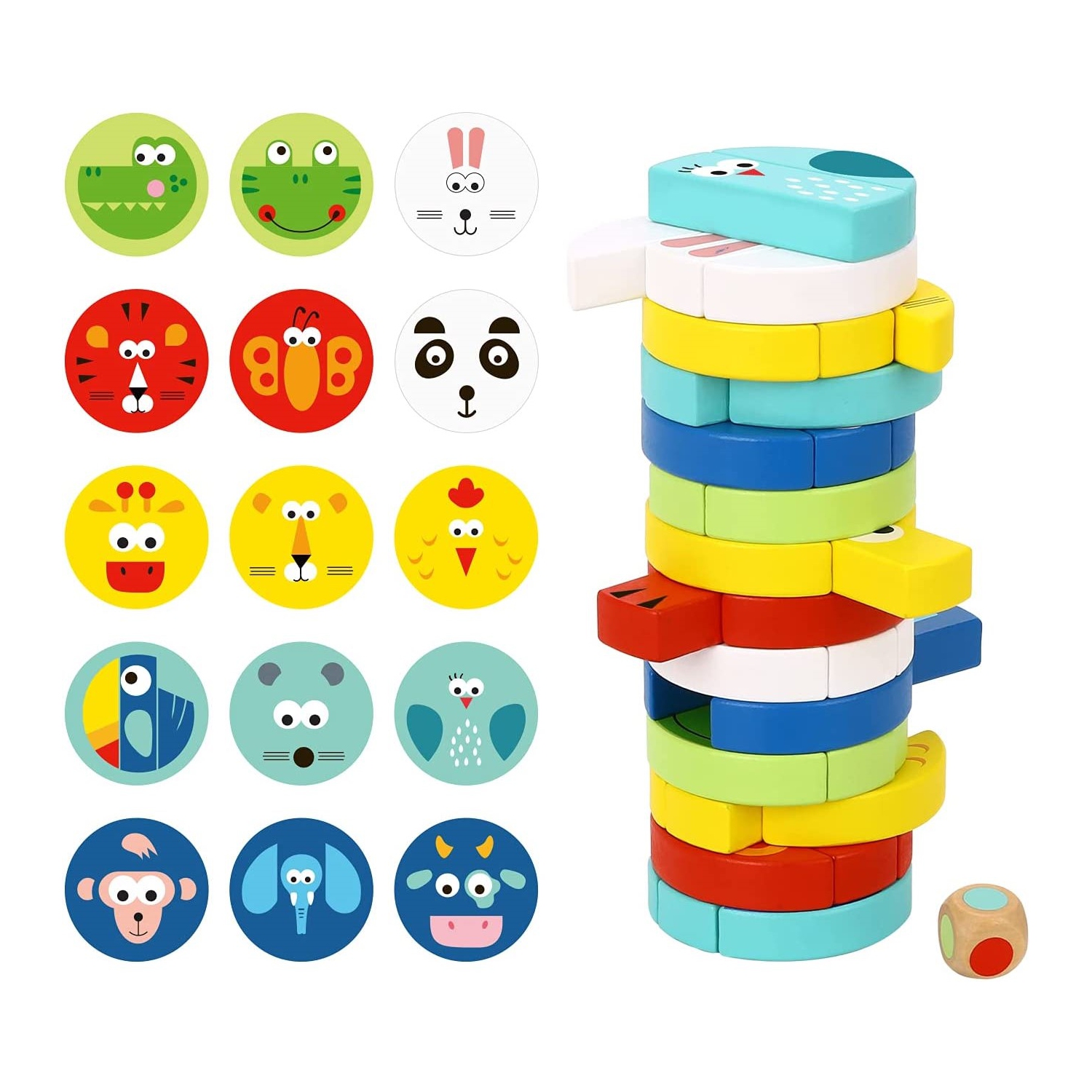 TOOKYLAND Tour à Empiler en Bois - 61pcs - Jeu de Blocs avec Cartes de Référence et Dé, 3 Ans +