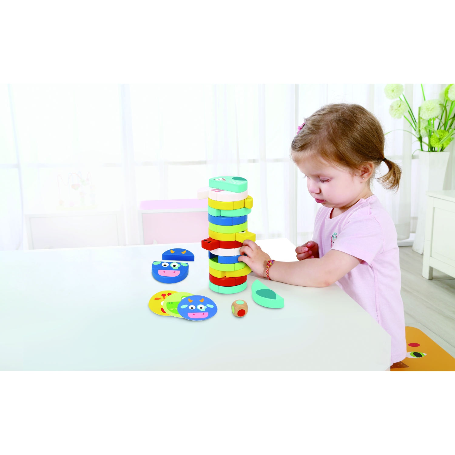 TOOKYLAND Tour à Empiler en Bois - 61pcs - Jeu de Blocs avec Cartes de Référence et Dé, 3 Ans +