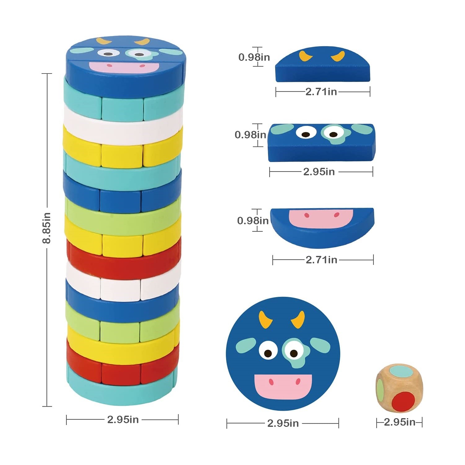 TOOKYLAND Tour à Empiler en Bois - 61pcs - Jeu de Blocs avec Cartes de Référence et Dé, 3 Ans +