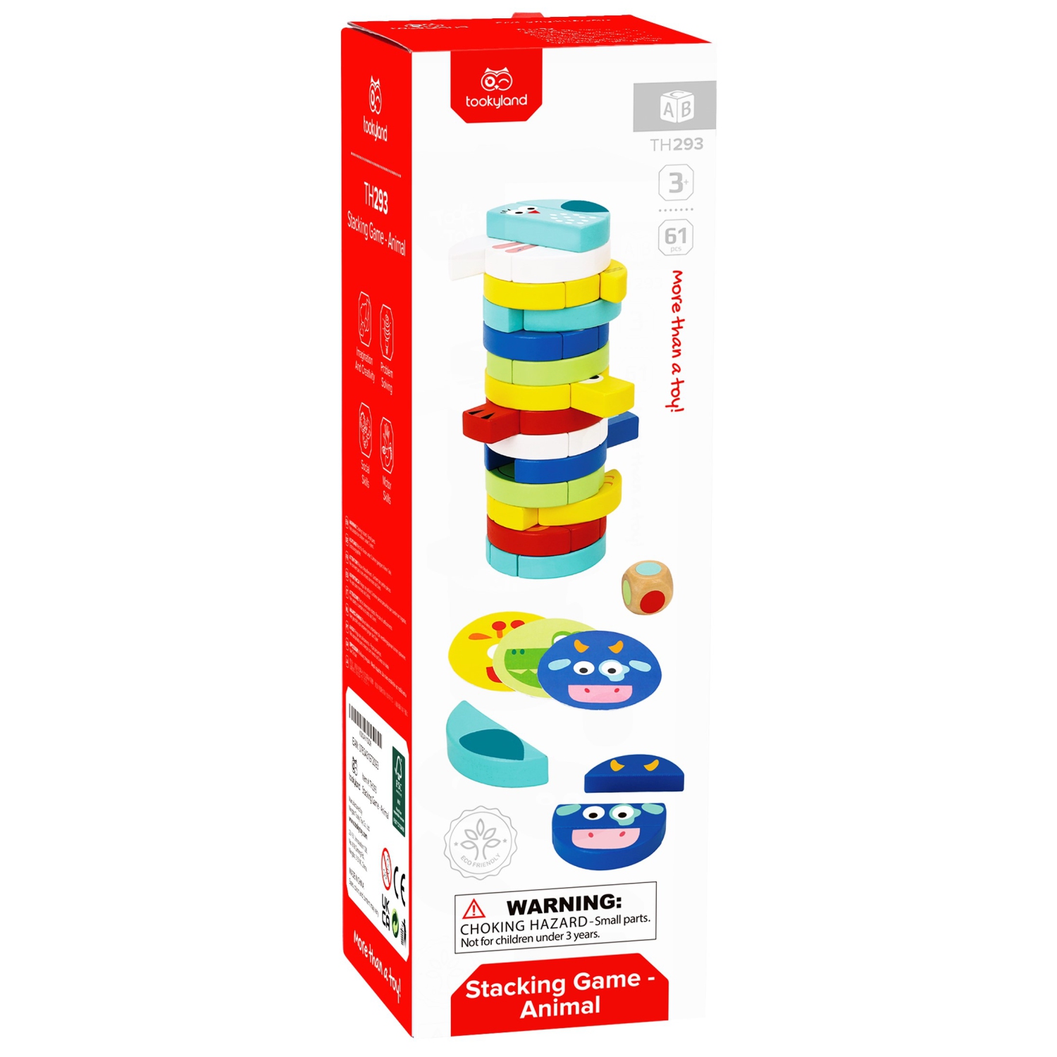 TOOKYLAND Tour à Empiler en Bois - 61pcs - Jeu de Blocs avec Cartes de Référence et Dé, 3 Ans +