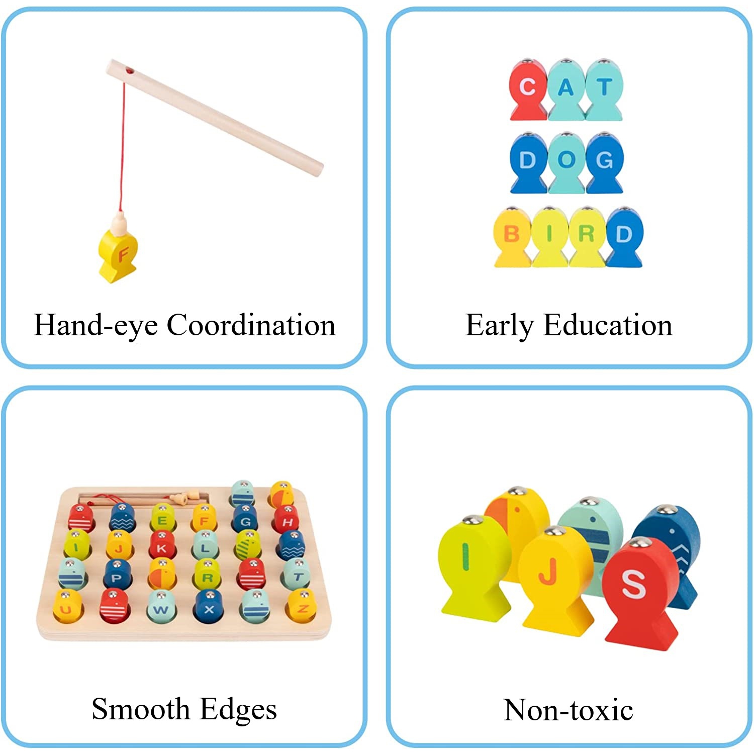 TOOKYLAND Wooden Magnetic Fishing Game - 29pcs - Alphabet and Spelling Educational Sorting Toy for Kids 3 Years Old +