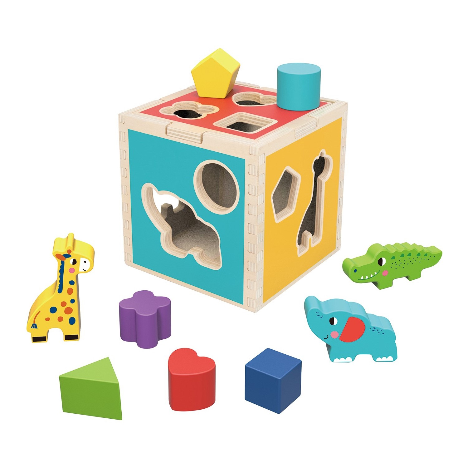 TOOKYLAND Wooden Shape Sorting Cube - 11pcs - Sorter Toy with Animal and Geometric Blocks, 12 Months +