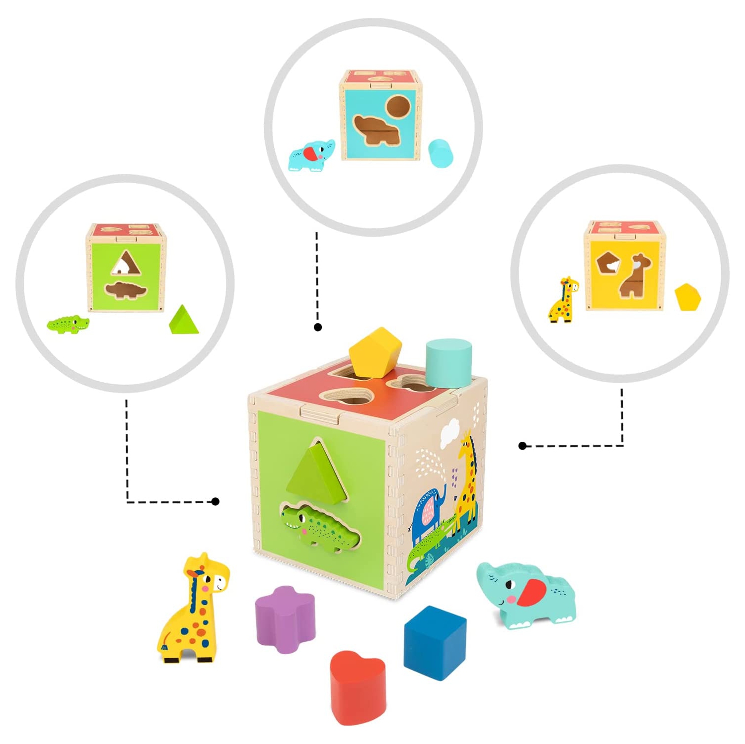 TOOKYLAND Wooden Shape Sorting Cube - 11pcs - Sorter Toy with Animal and Geometric Blocks, 12 Months +