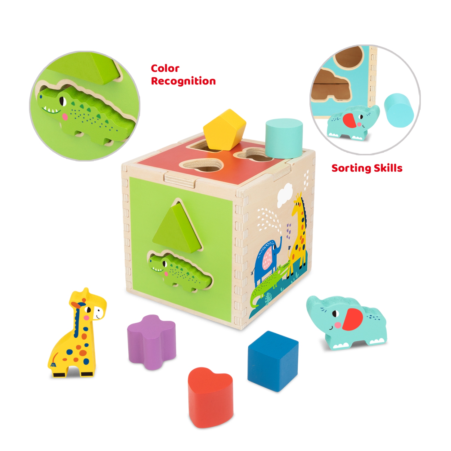TOOKYLAND Wooden Shape Sorting Cube - 11pcs - Sorter Toy with Animal and Geometric Blocks, 12 Months +