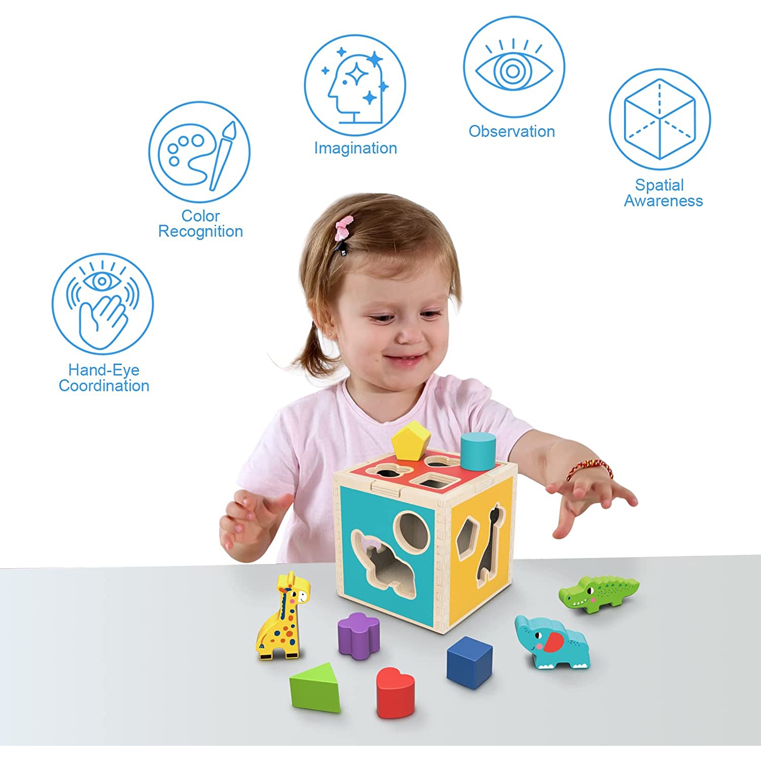 TOOKYLAND Wooden Shape Sorting Cube - 11pcs - Sorter Toy with Animal and Geometric Blocks, 12 Months +