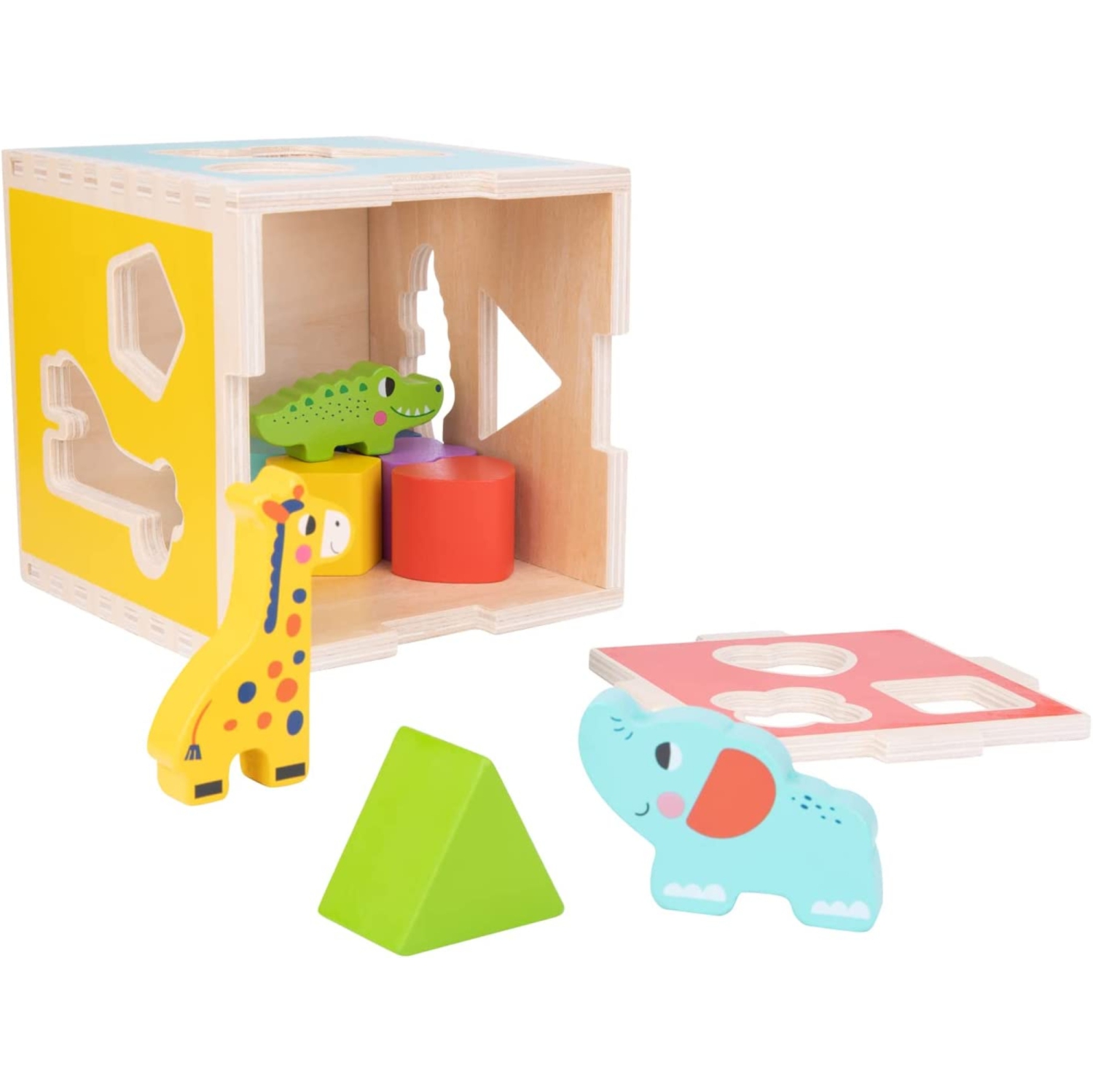 TOOKYLAND Wooden Shape Sorting Cube - 11pcs - Sorter Toy with Animal and Geometric Blocks, 12 Months +