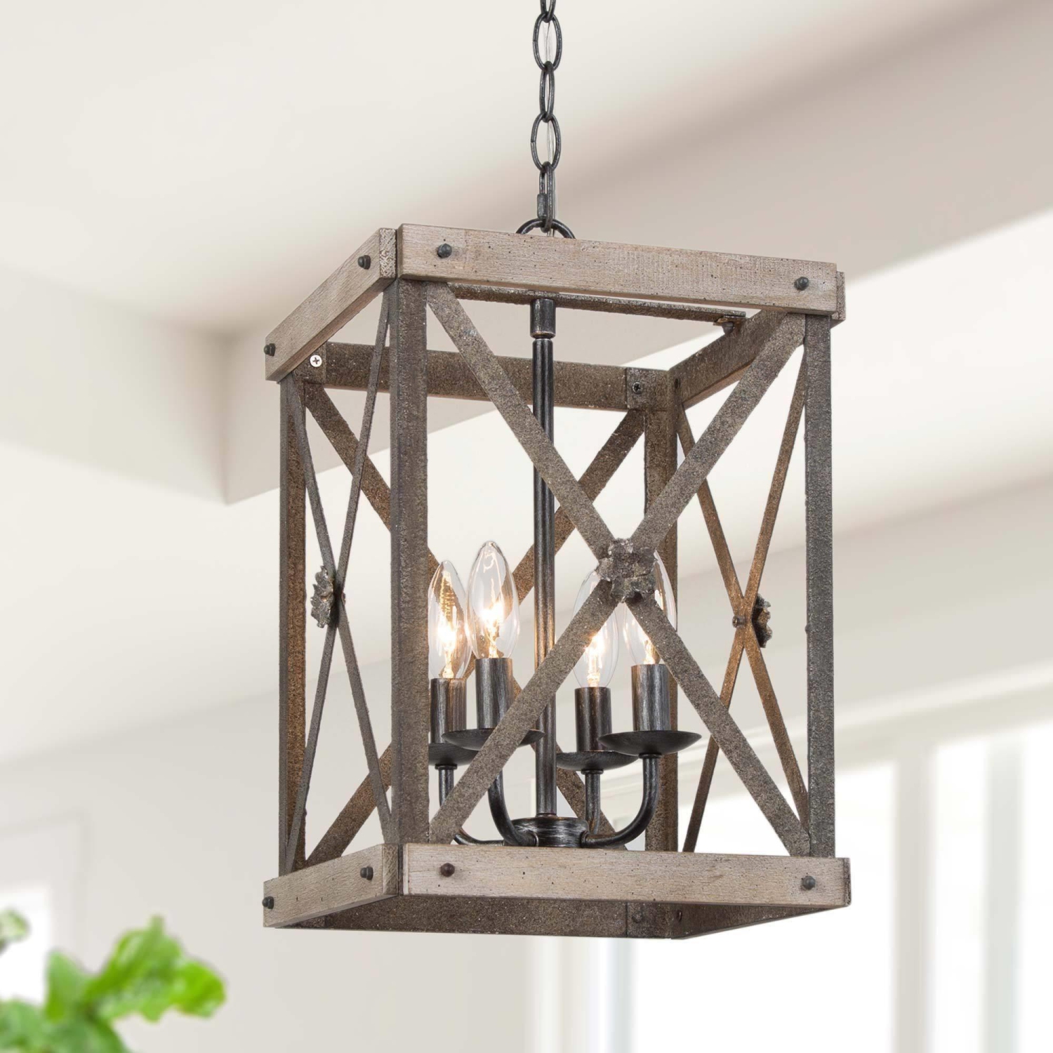 Farmhouse Rustic 4-Light Birch Chandelier Cage Island Pendant Lights