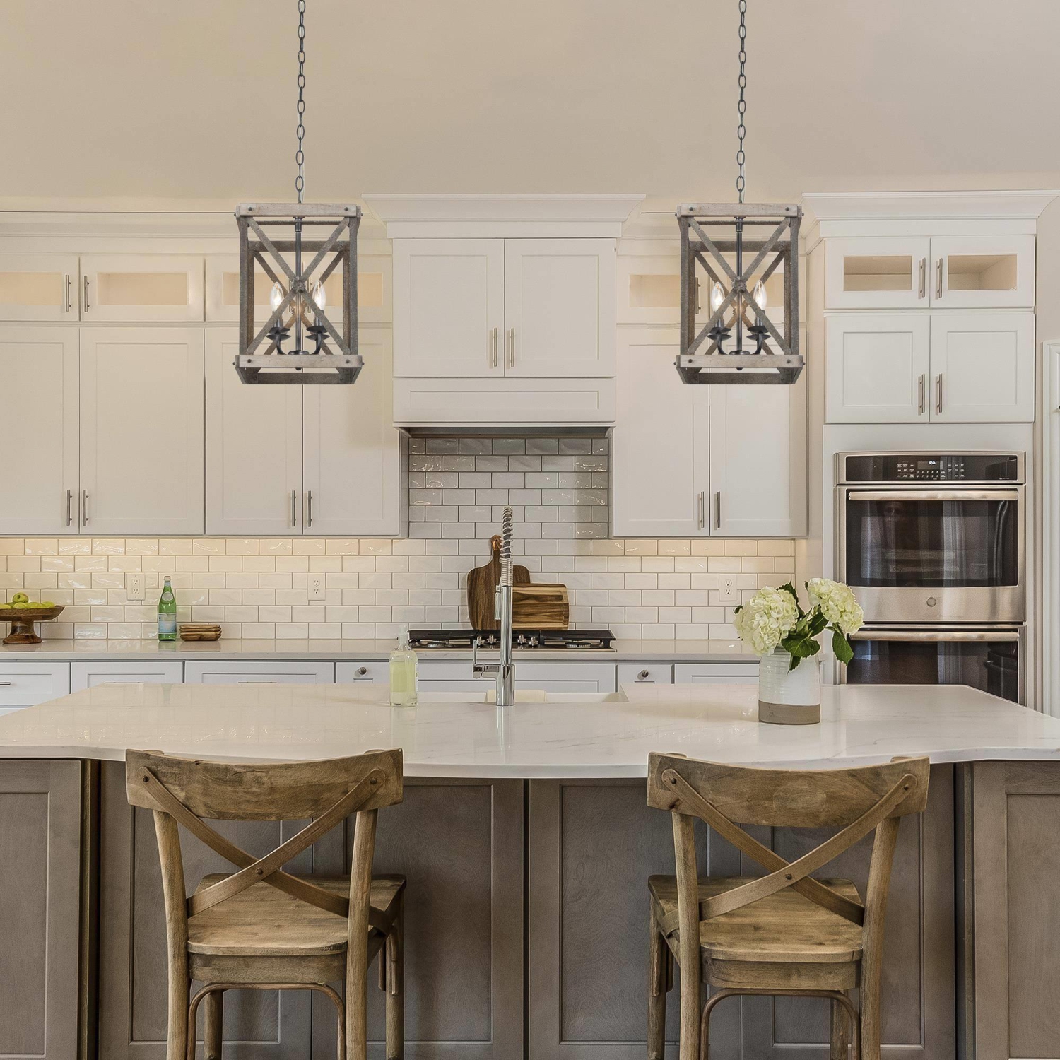 Farmhouse Rustic 4-Light Birch Chandelier Cage Island Pendant Lights