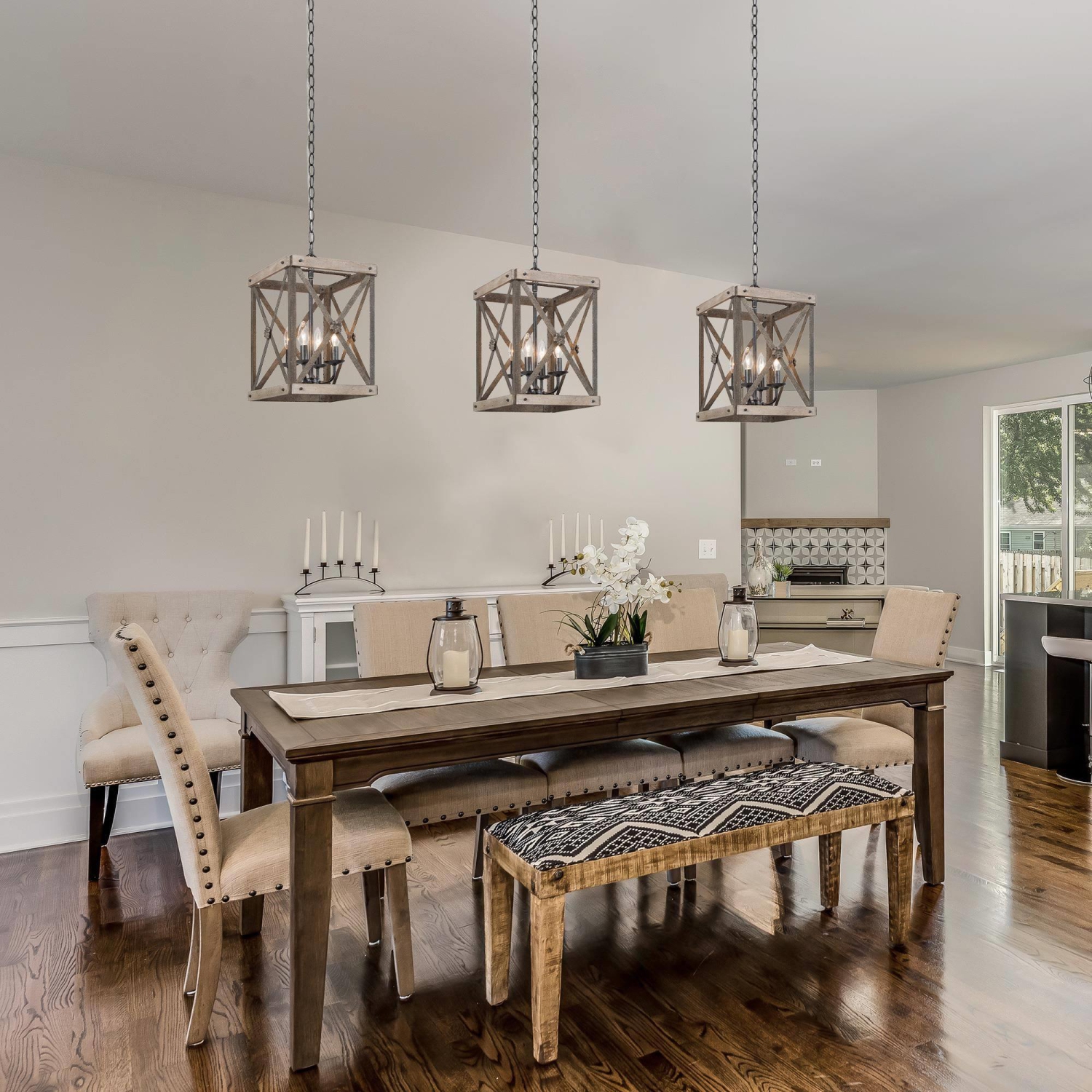 Farmhouse Rustic 4-Light Birch Chandelier Cage Island Pendant Lights