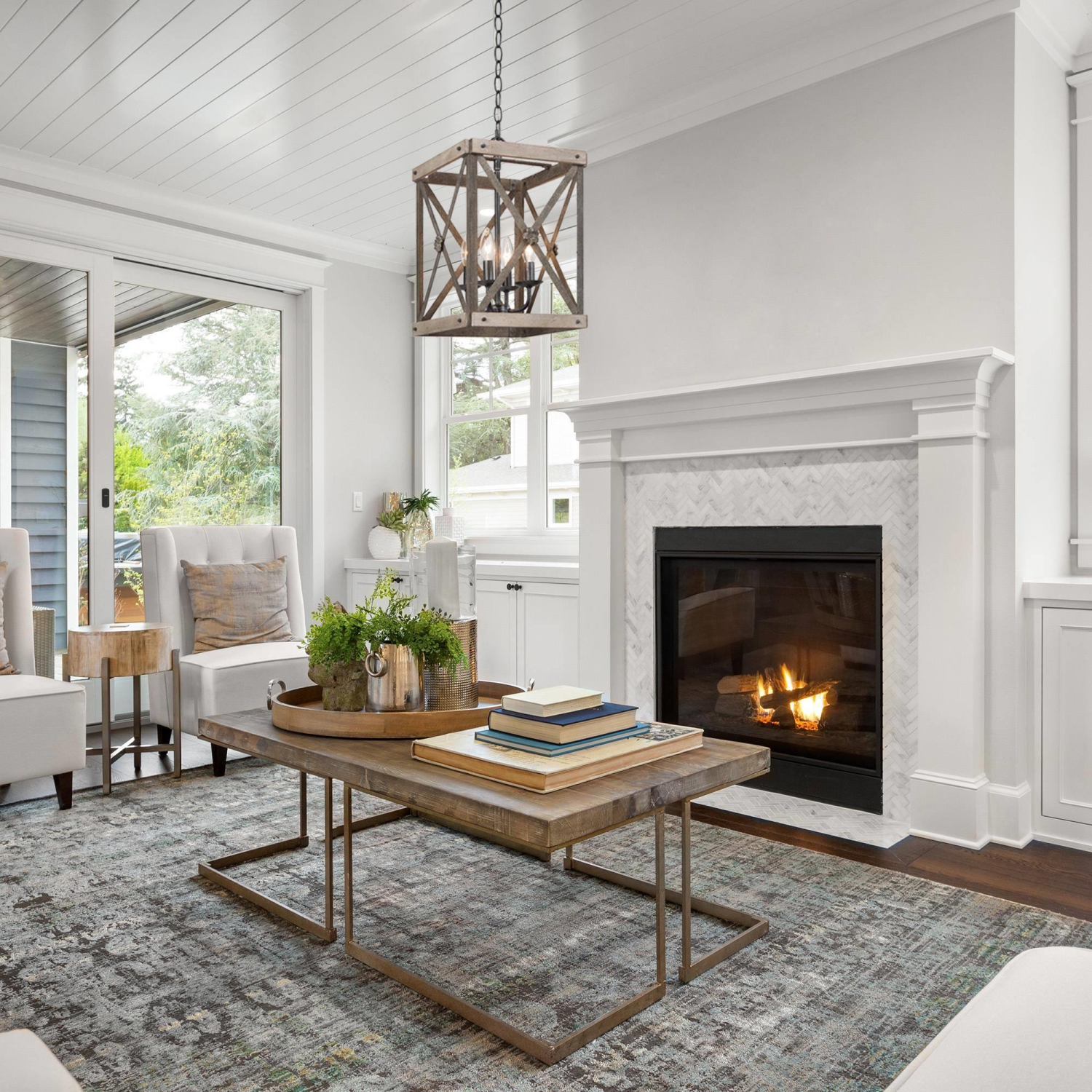 Farmhouse Rustic 4-Light Birch Chandelier Cage Island Pendant Lights