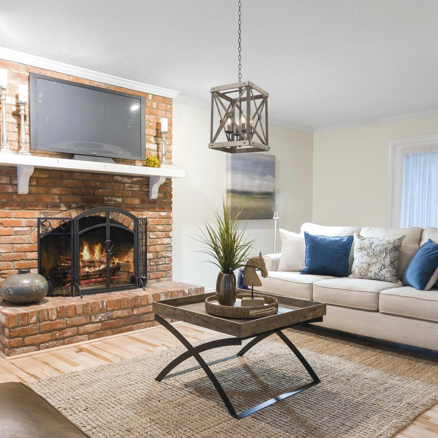 Farmhouse Rustic 4-Light Birch Chandelier Cage Island Pendant Lights