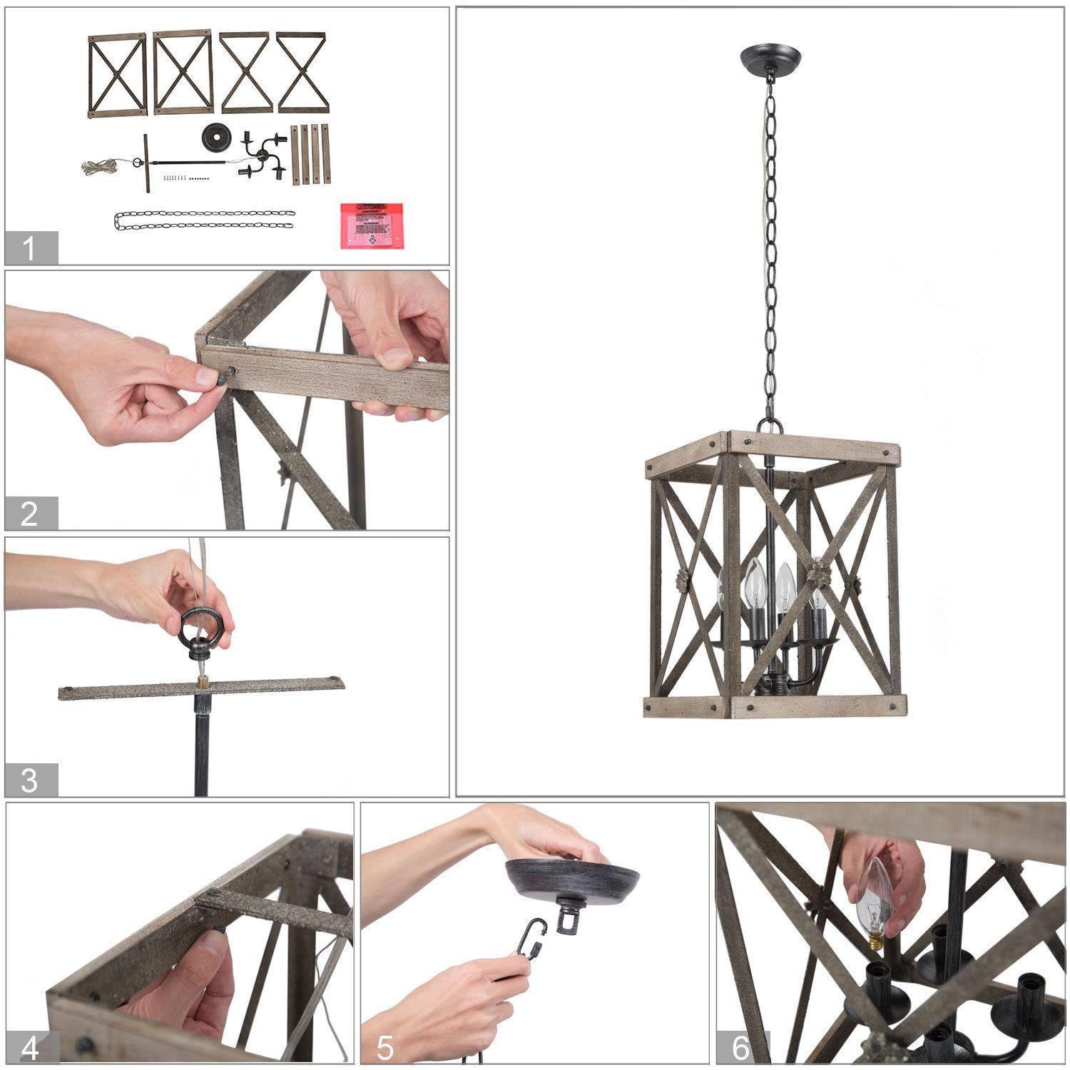 Farmhouse Rustic 4-Light Birch Chandelier Cage Island Pendant Lights