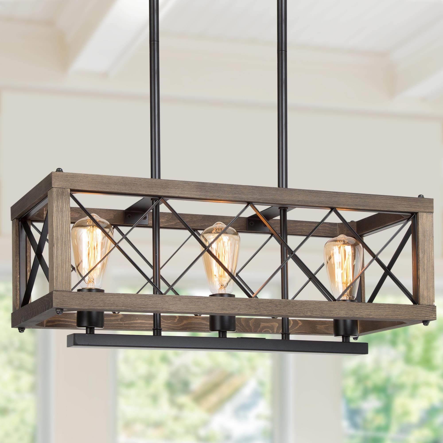 Farmhouse 3-Light Linear Wood Island Chandelier Kitchen Hanging Lights