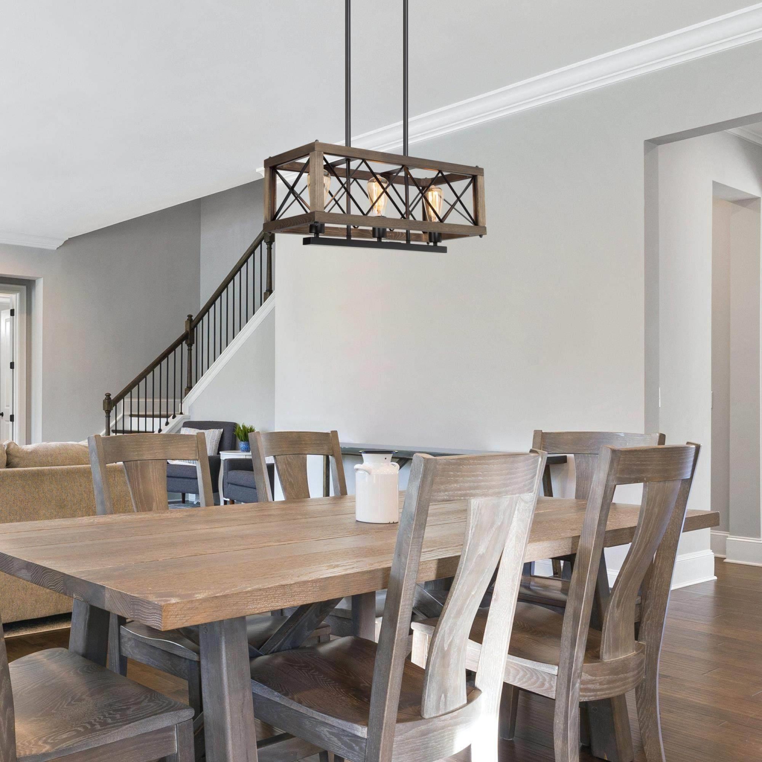 Farmhouse 3-Light Linear Wood Island Chandelier Kitchen Hanging Lights