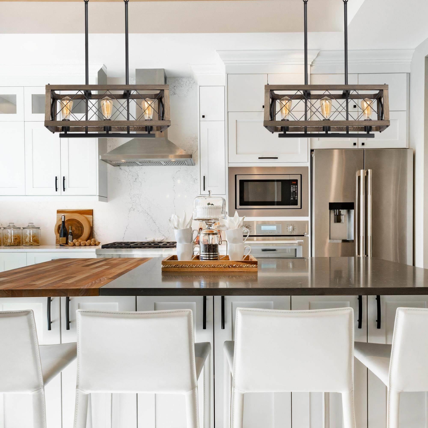 Farmhouse 3-Light Linear Wood Island Chandelier Kitchen Hanging Lights