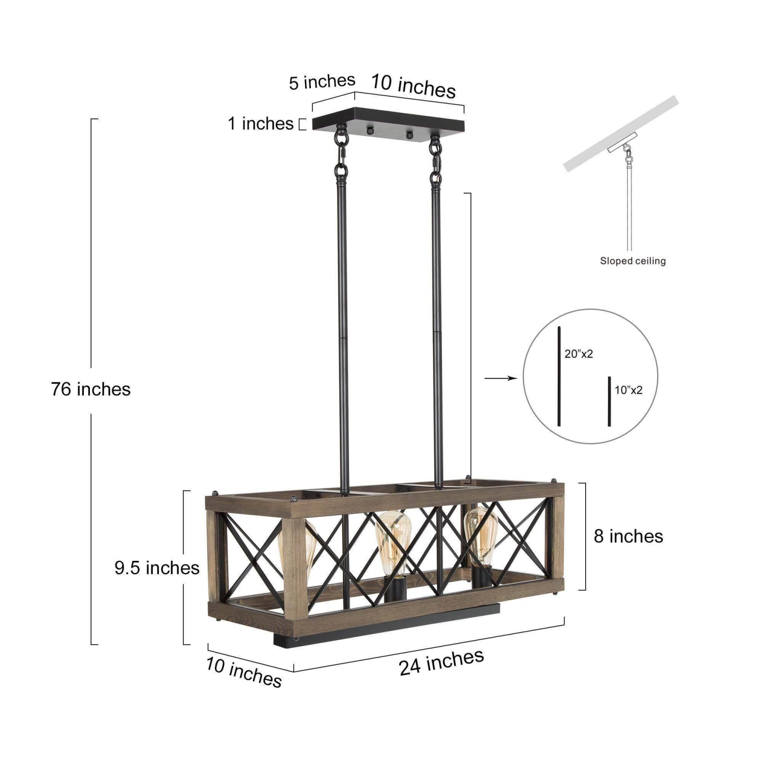 Farmhouse 3-Light Linear Wood Island Chandelier Kitchen Hanging Lights