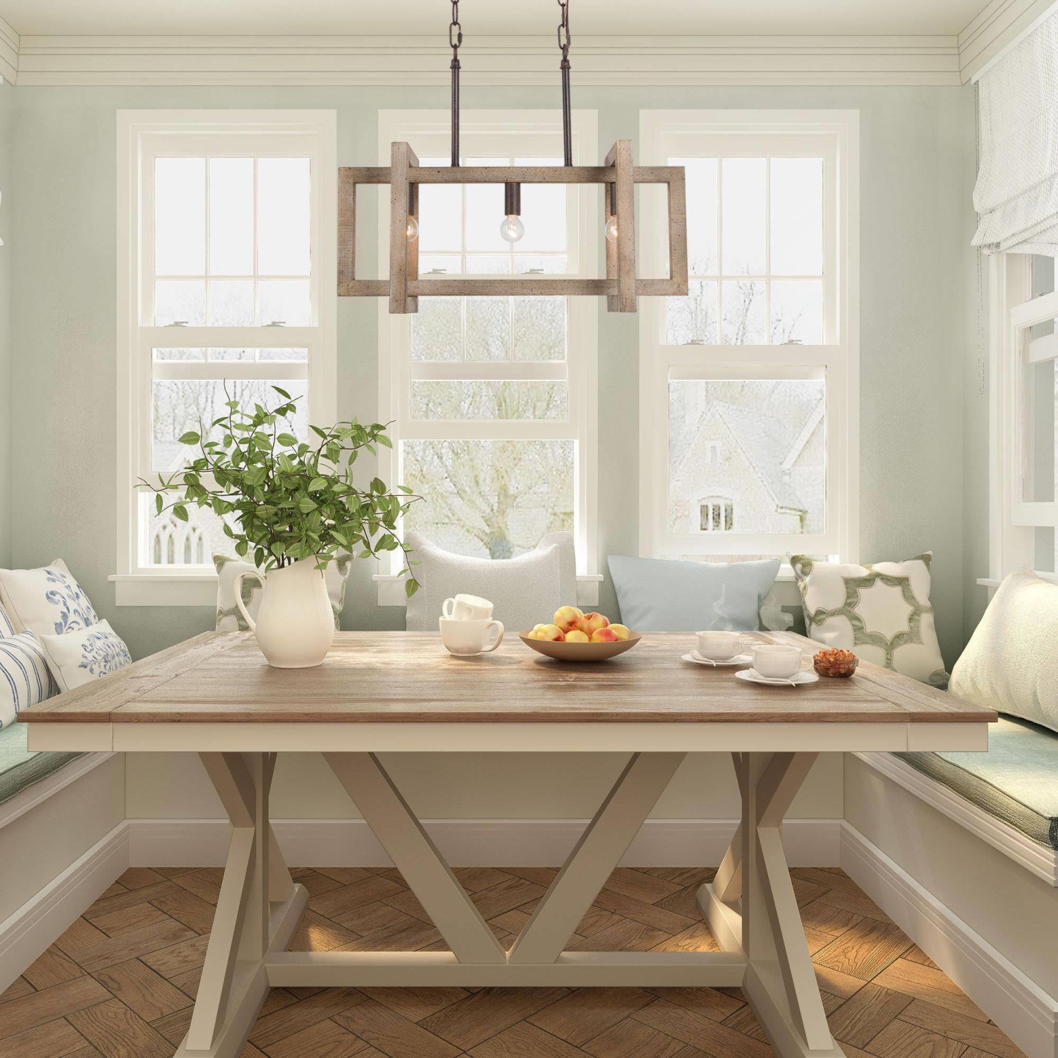 Farmhouse Wood Linear 3-Light Chandelier Island Lights for Dining Room