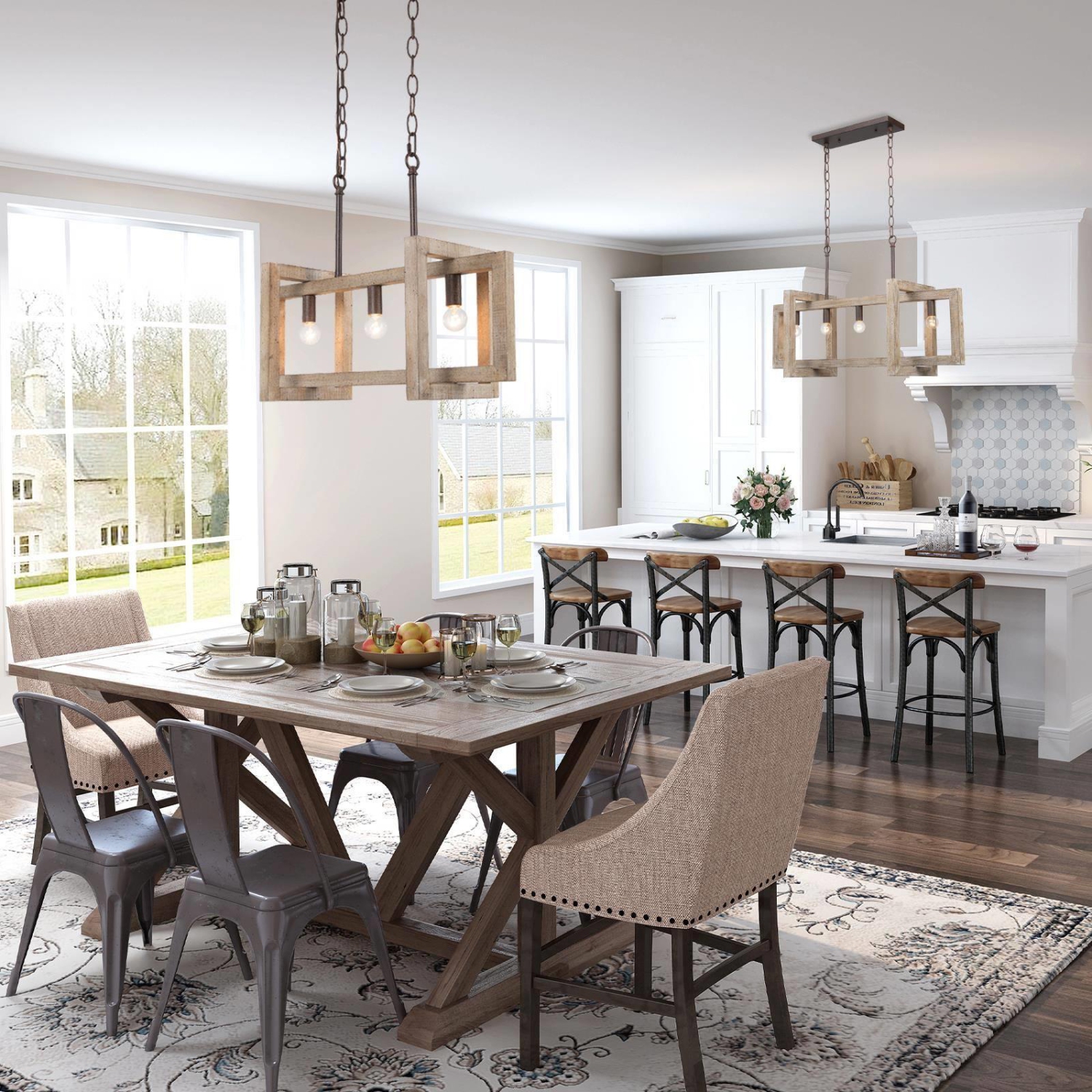 Farmhouse Wood Linear 3-Light Chandelier Island Lights for Dining Room